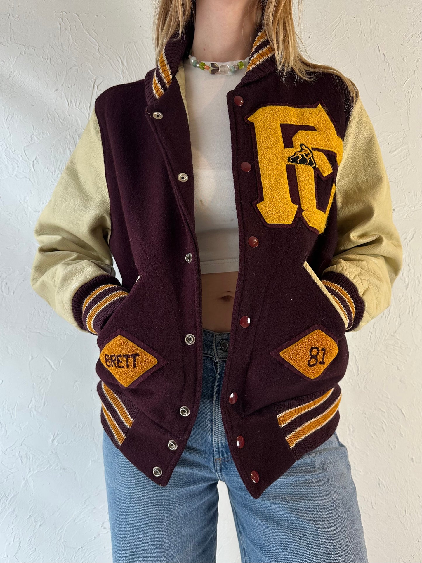 80s Leather Wool Varsity Jacket / Small