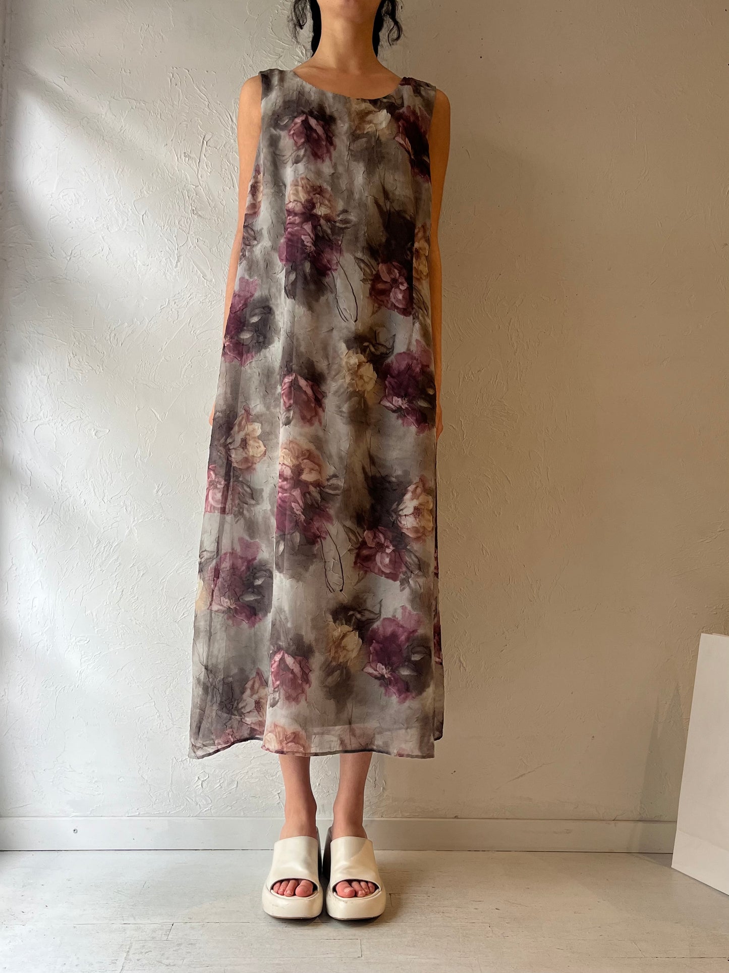 90s ‘SL Fashions’ Green Crinkle Floral Maxi Dress / Large