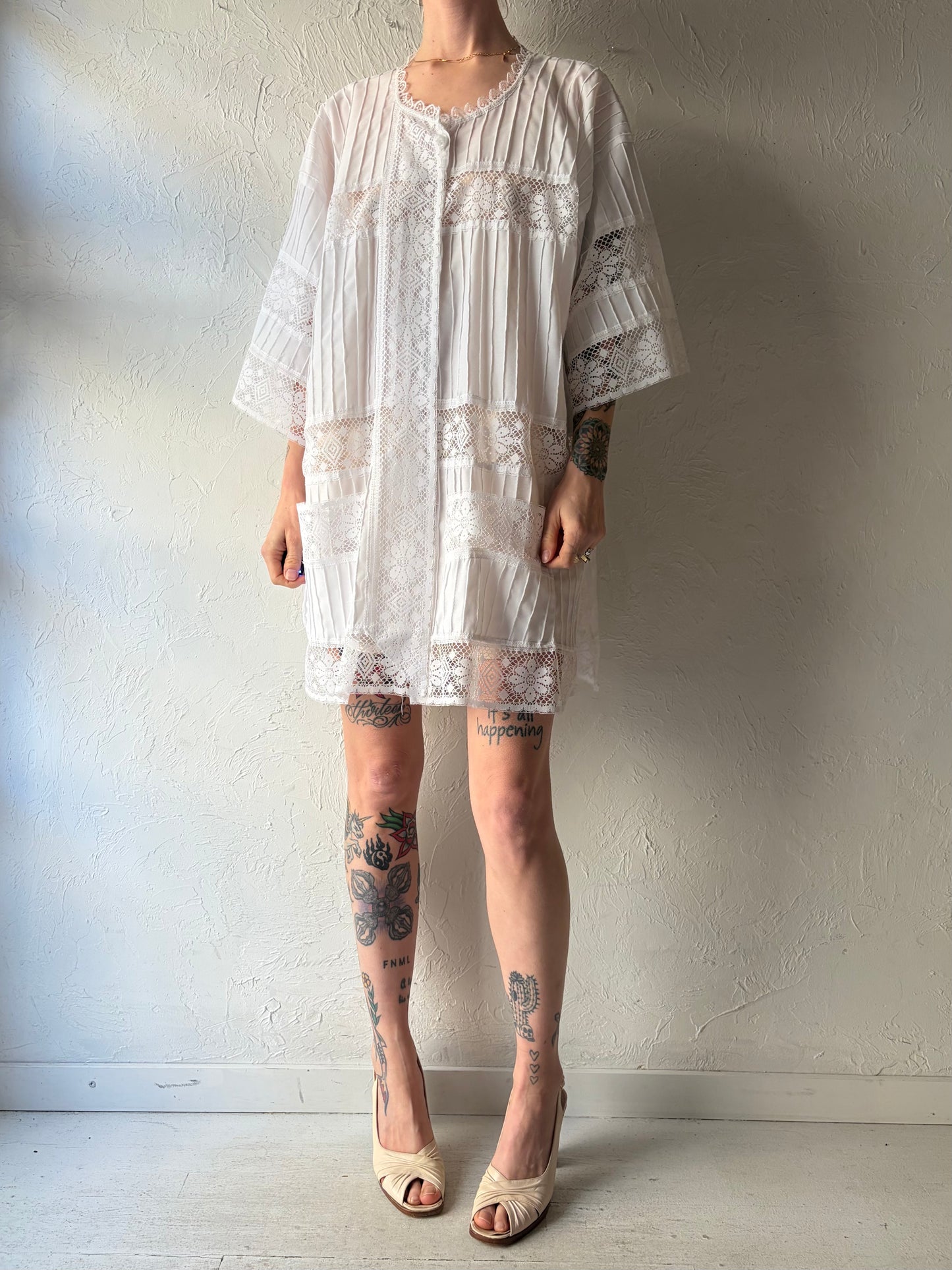 70s White Lace Button Up Blouse / Beach Cover Up / Large