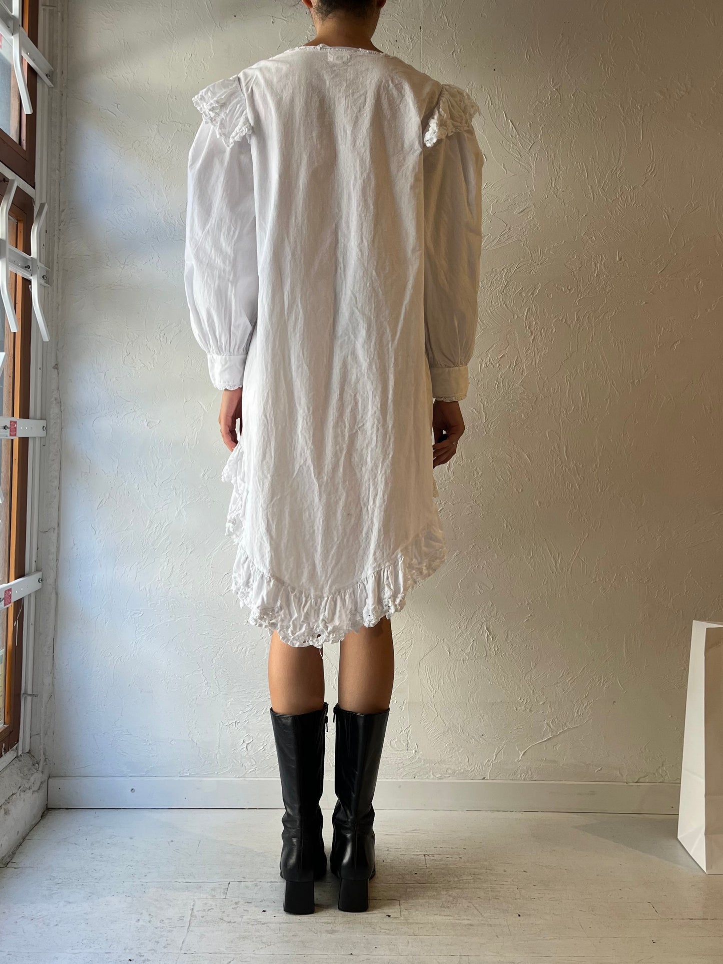 Vintage White Cotton Romantic Dress / Large