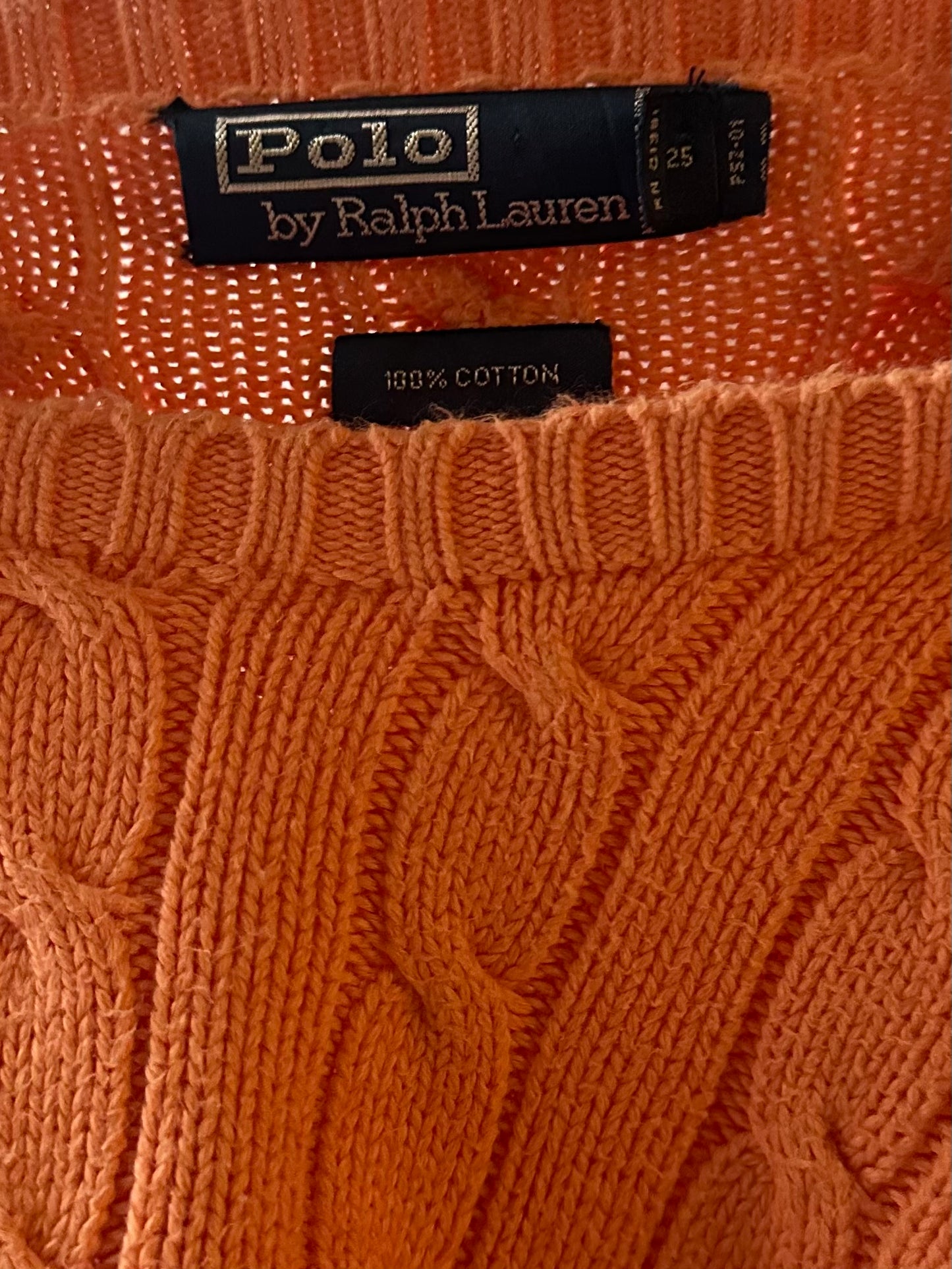 90s 'Ralph Lauren' Orange Cable Knit Cotton Sweater / Large