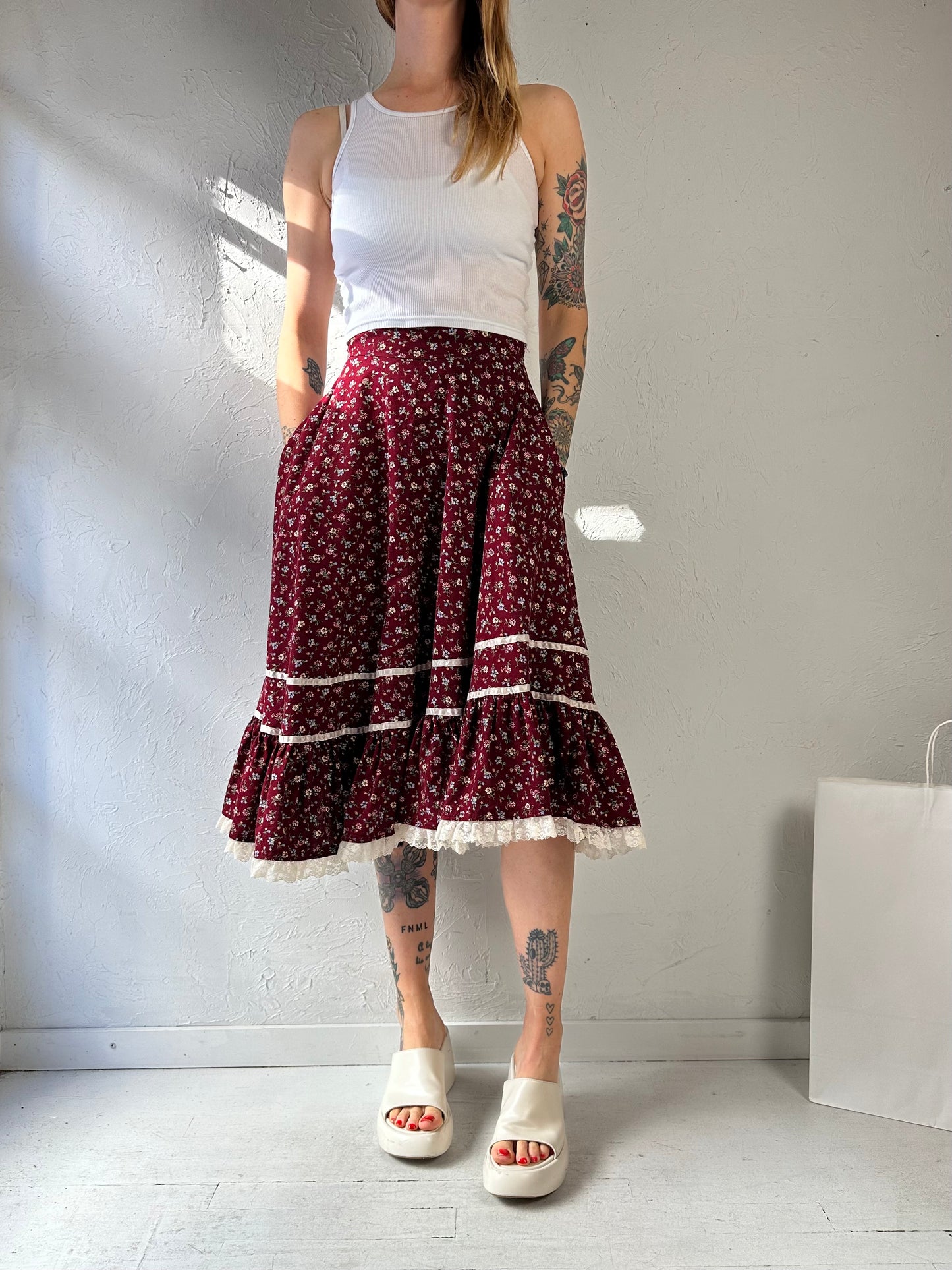 Vintage Handmade Burgundy Floral Peasant Skirt / Small