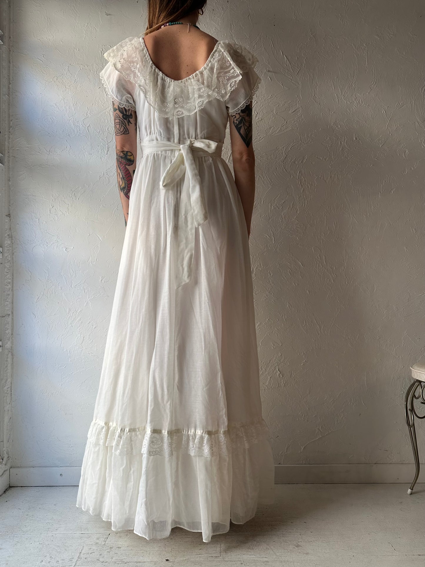 70s White Prairie Peasant Maxi Dress / Small