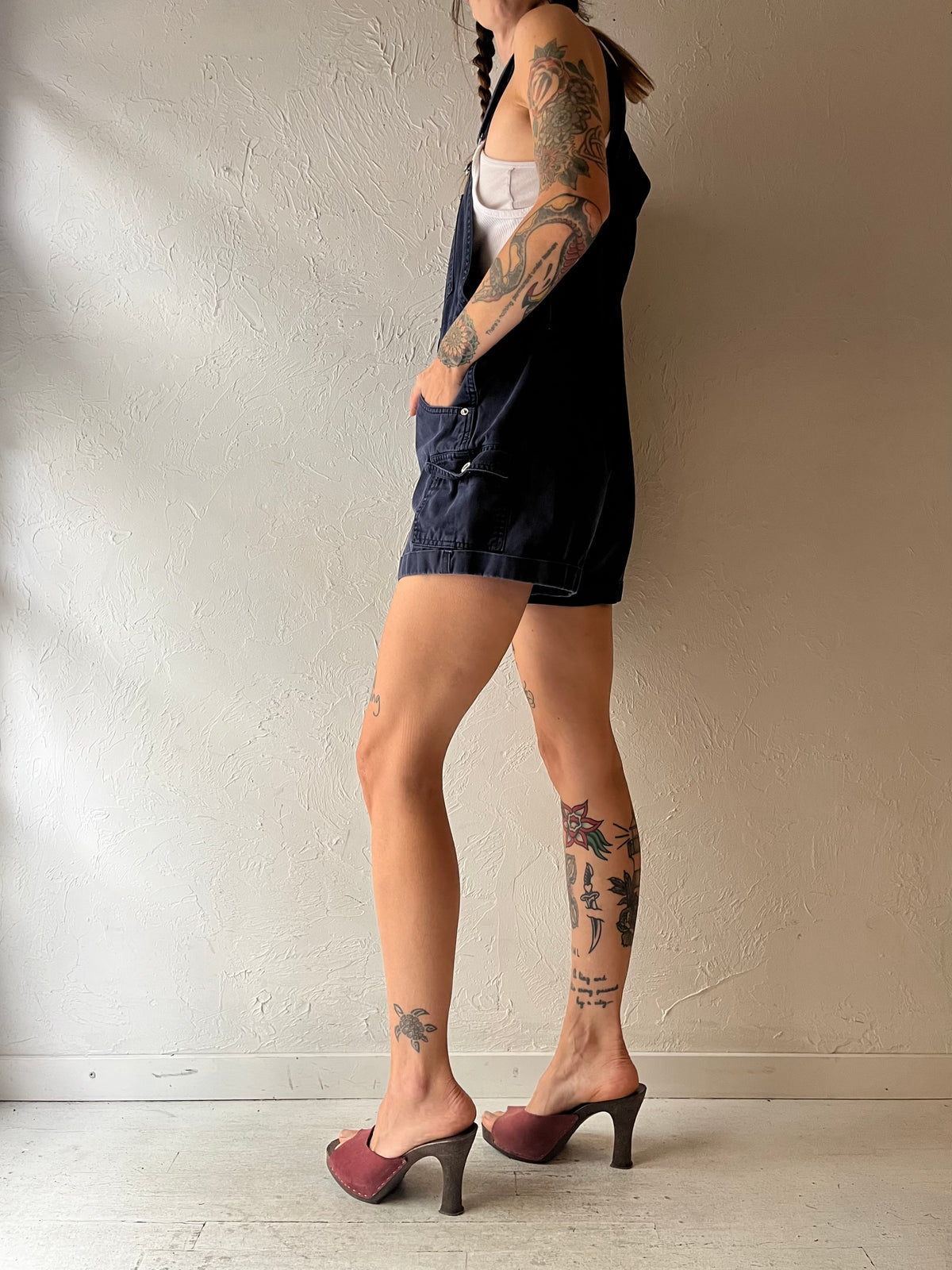 90s 'Revolt' Navy Blue Cotton Denim Dungarees Workwear Grunge Overall Shorts / Small - Medium