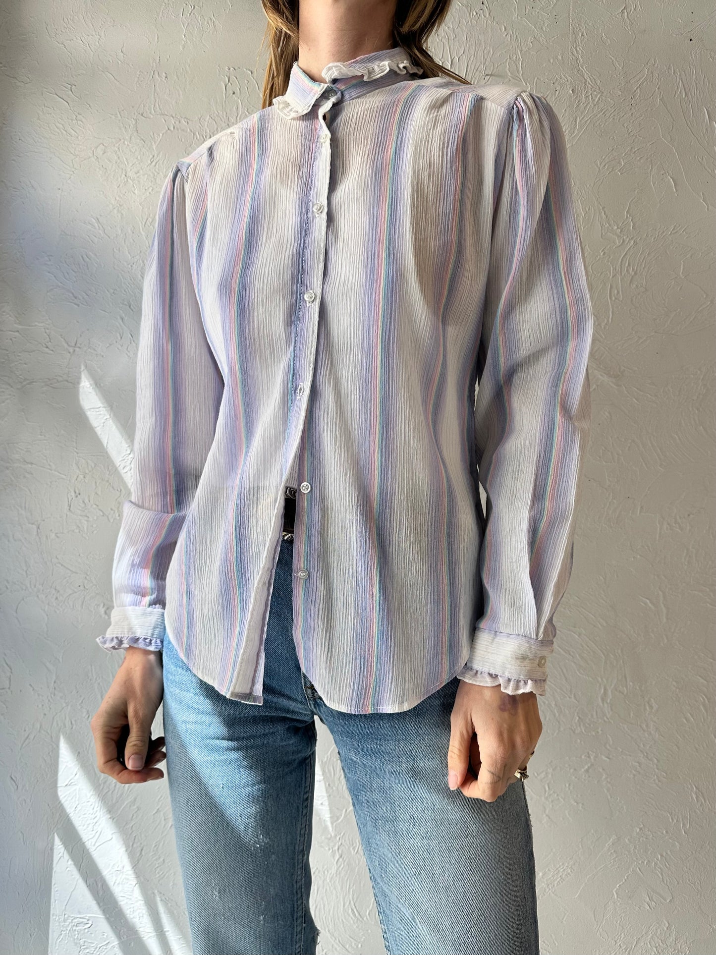 70s 'Freedom' Purple Striped Western Blouse / Medium