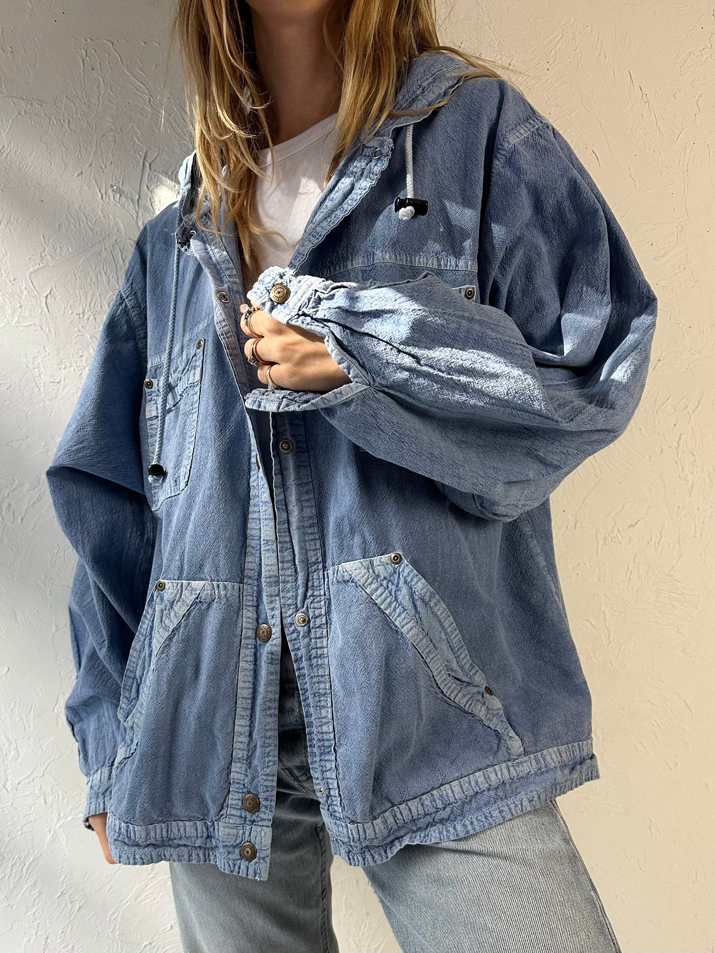 90s ‘Ezze Wear’ Blue Hooded Cotton Jacket / Large