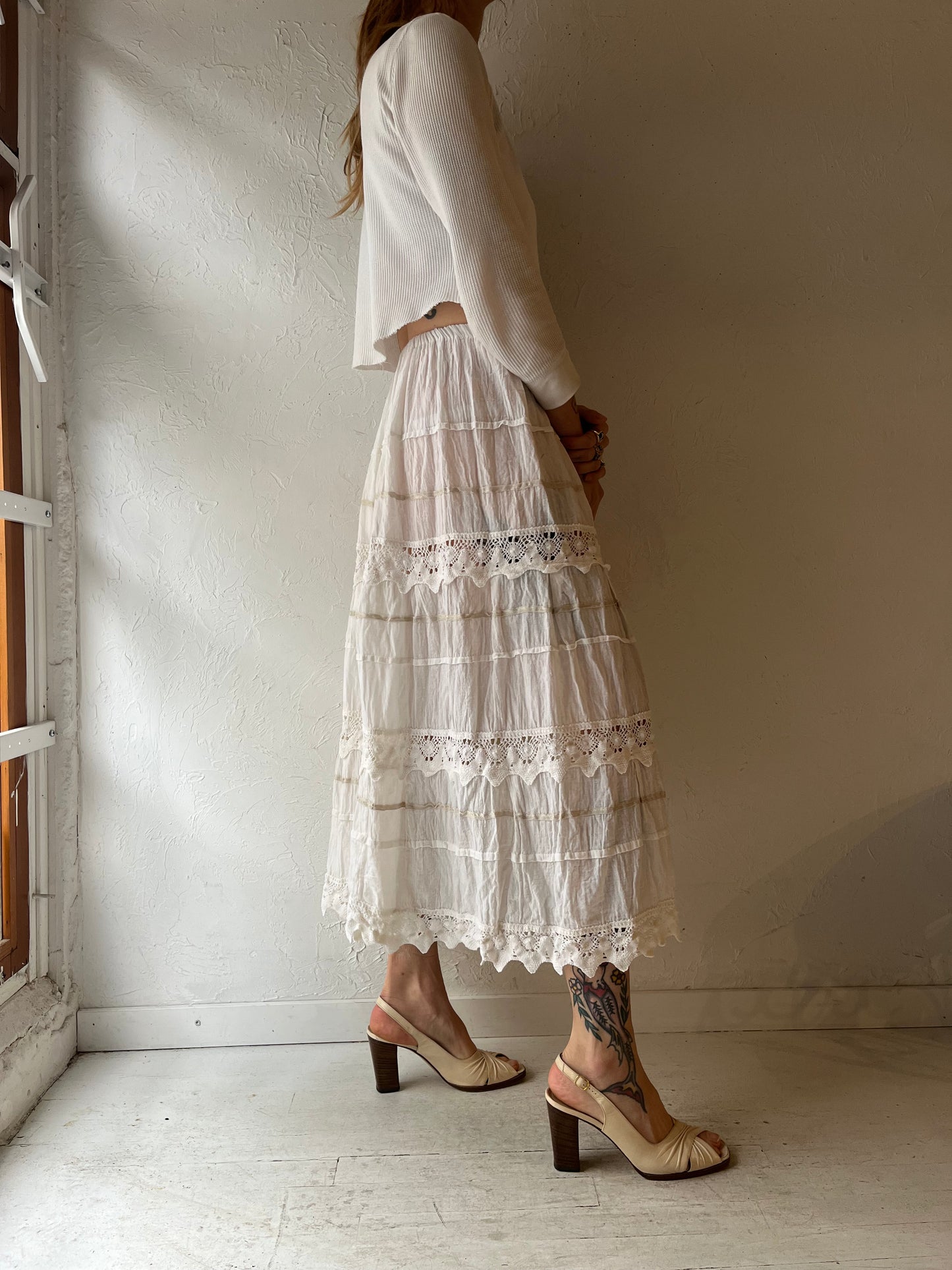 Vintage White Crochet Midi Skirt / Small