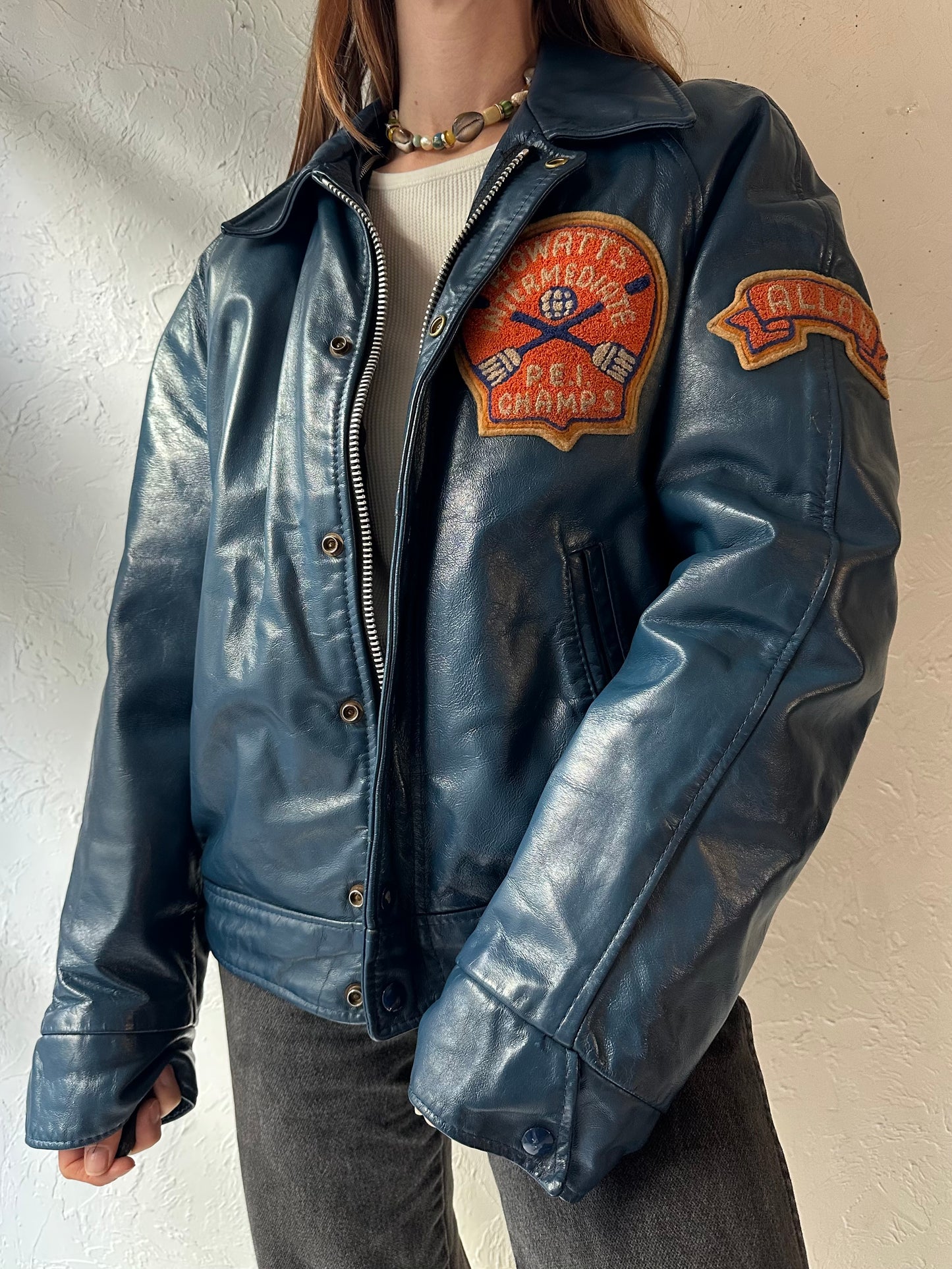 Vintage Heavy Duty Blue Leather PEI Curling Jacket / Large