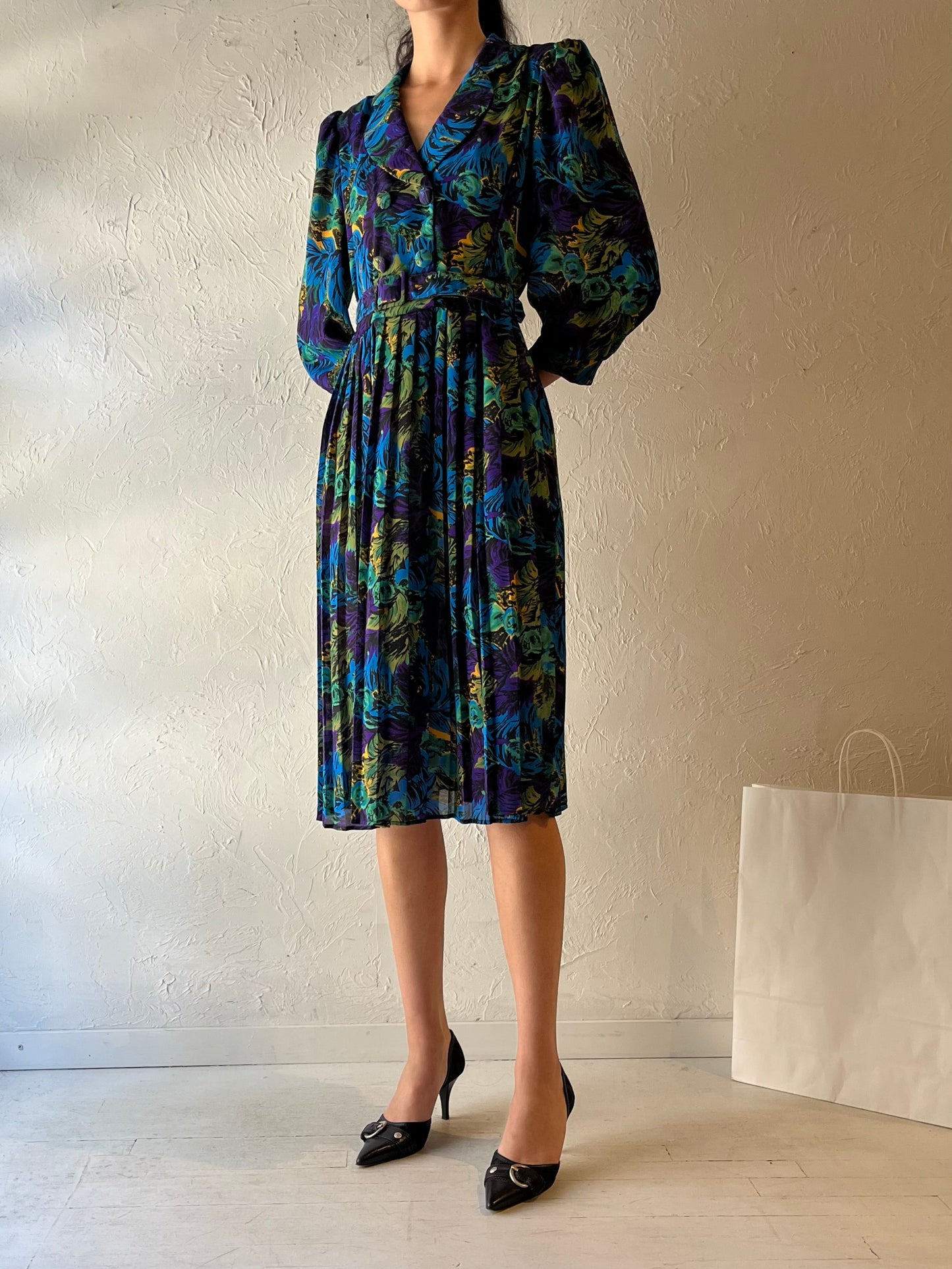 80s ‘Leslie Belle’ Blue Long Sleeve Midi Dress / Medium