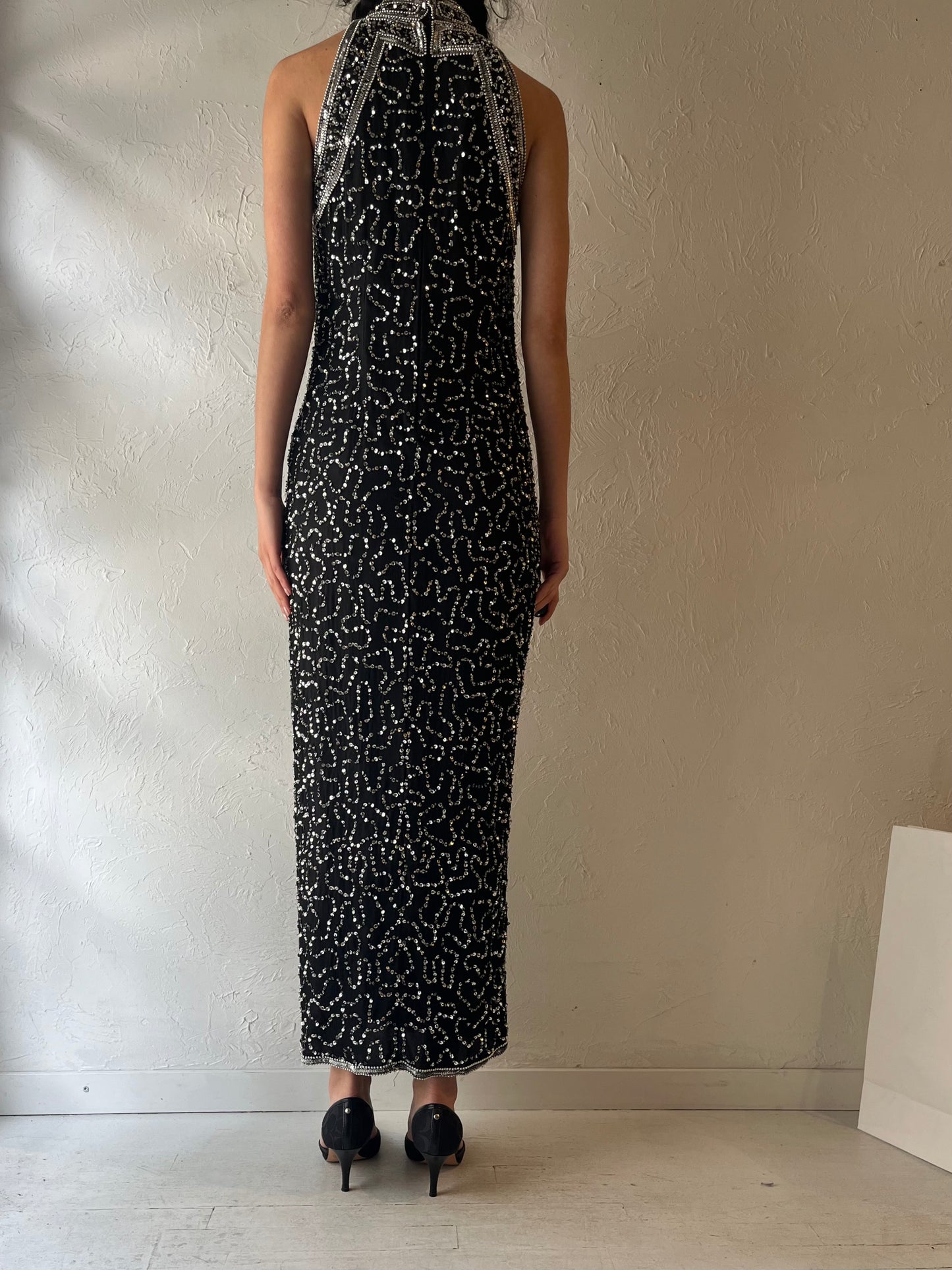 90s ‘Laurence Kagar’ Black Beaded Gown / Large