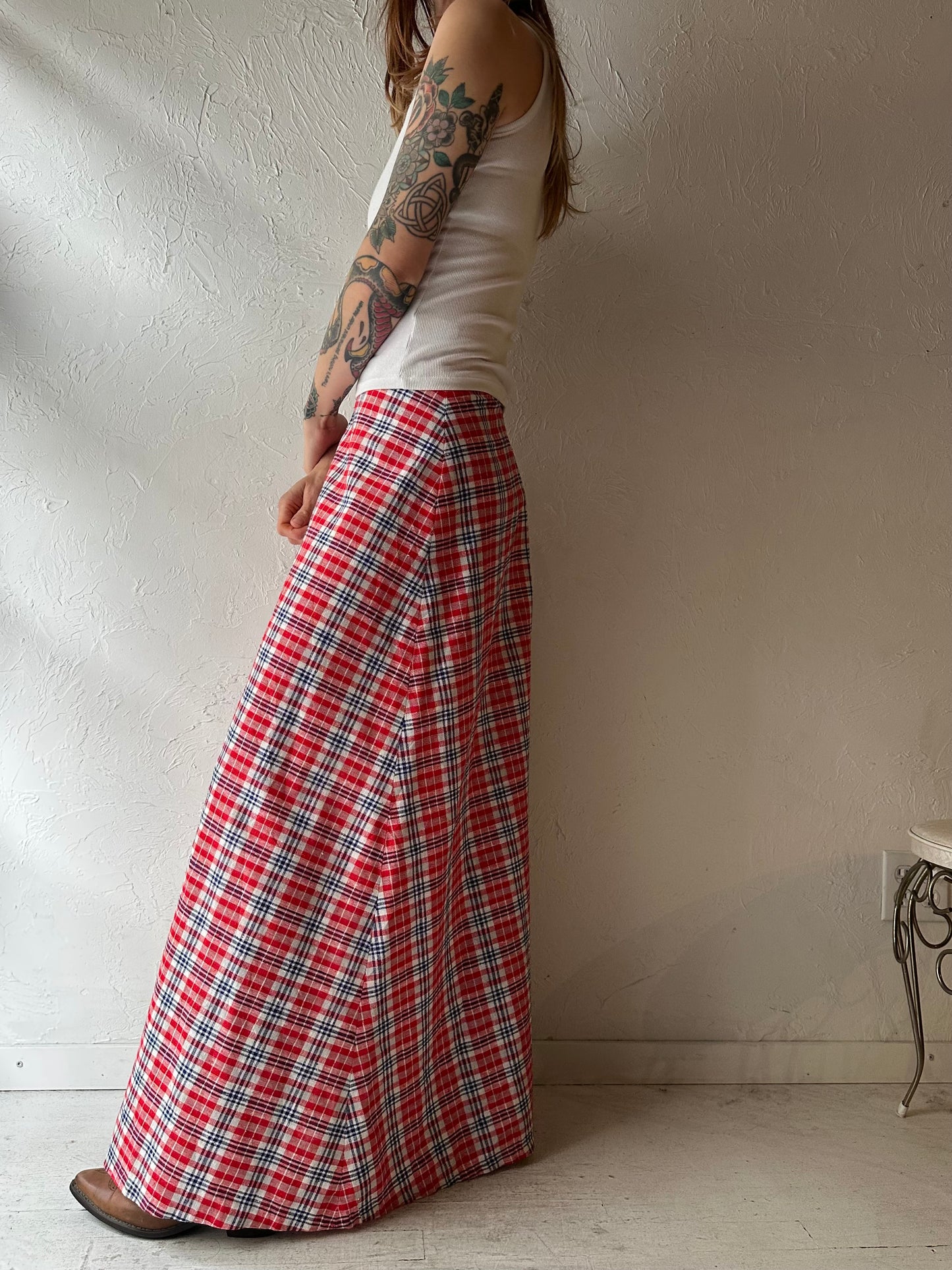 70s 'Rosecrest' Red Plaid Maxi Skirt / Small