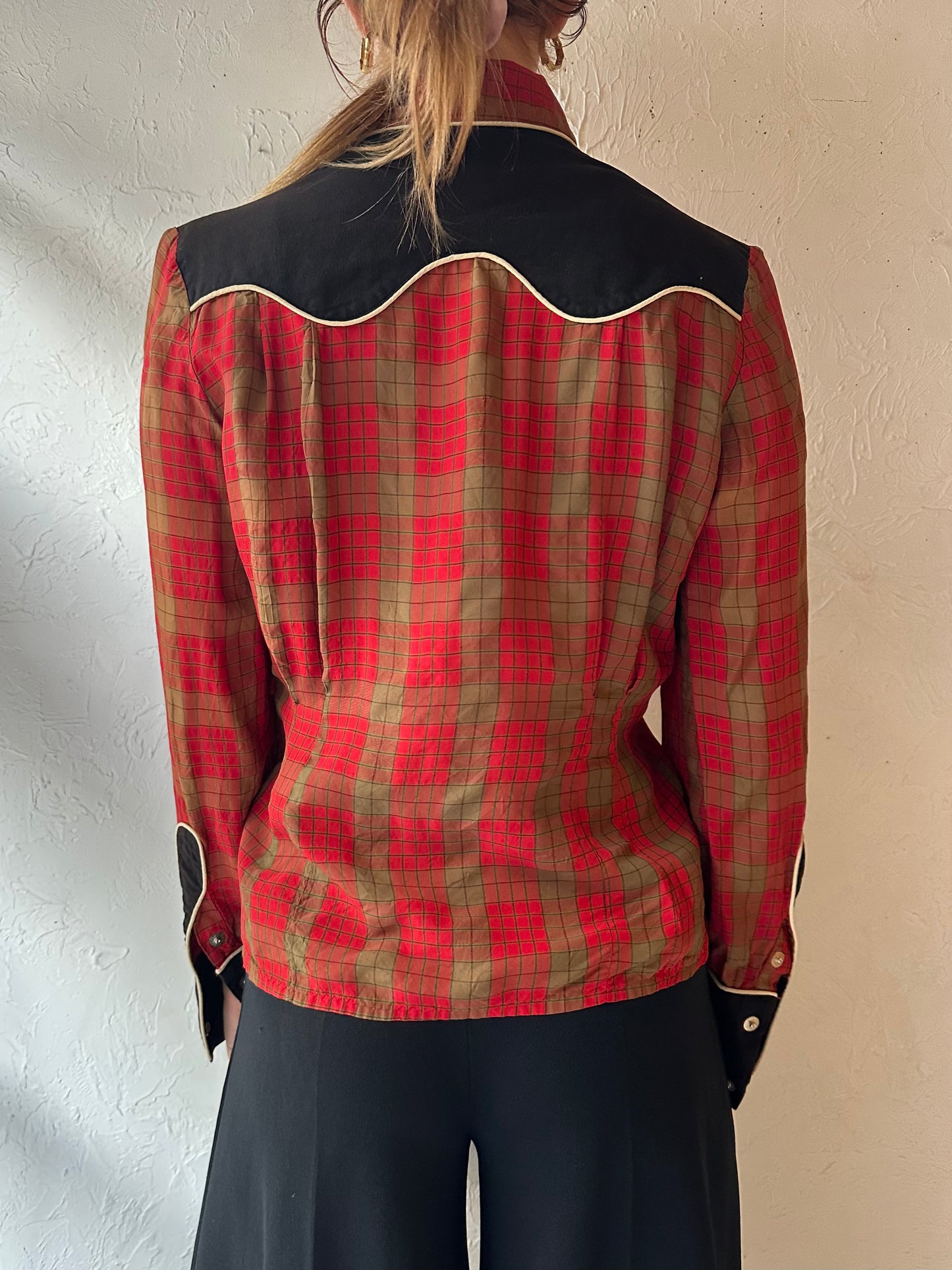 70s 'Connie' Plaid Western Shirt / Small