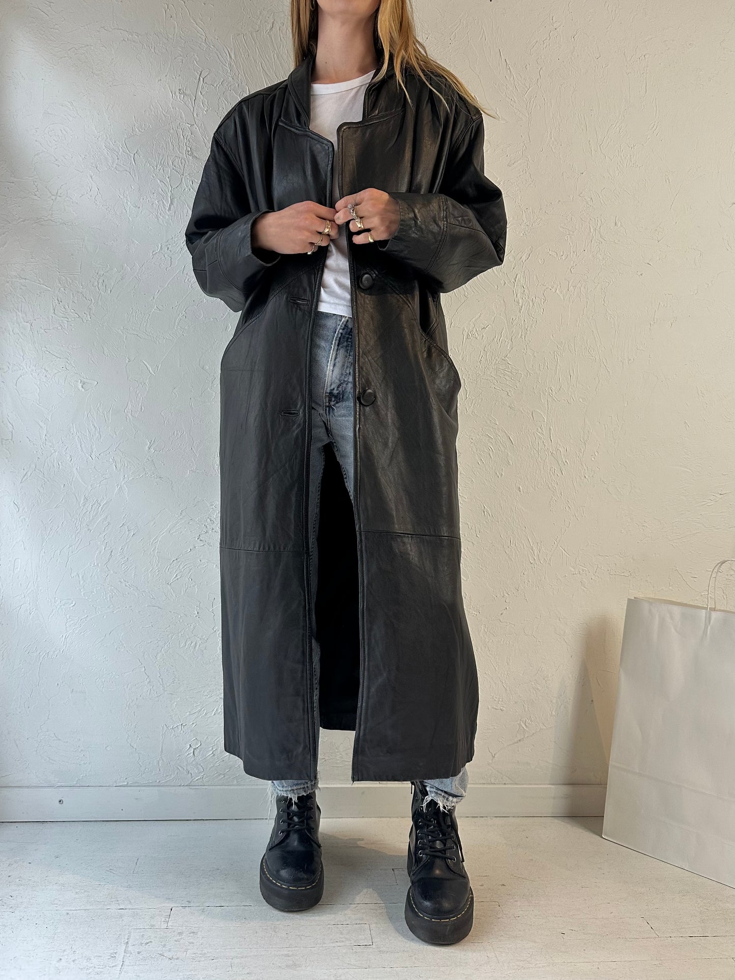 90s Black Leather Coat / Small