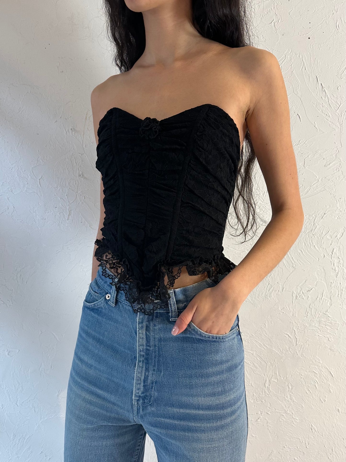 90s 'Florencia Fiume' Black Lace Strapless Bustier Top / Small