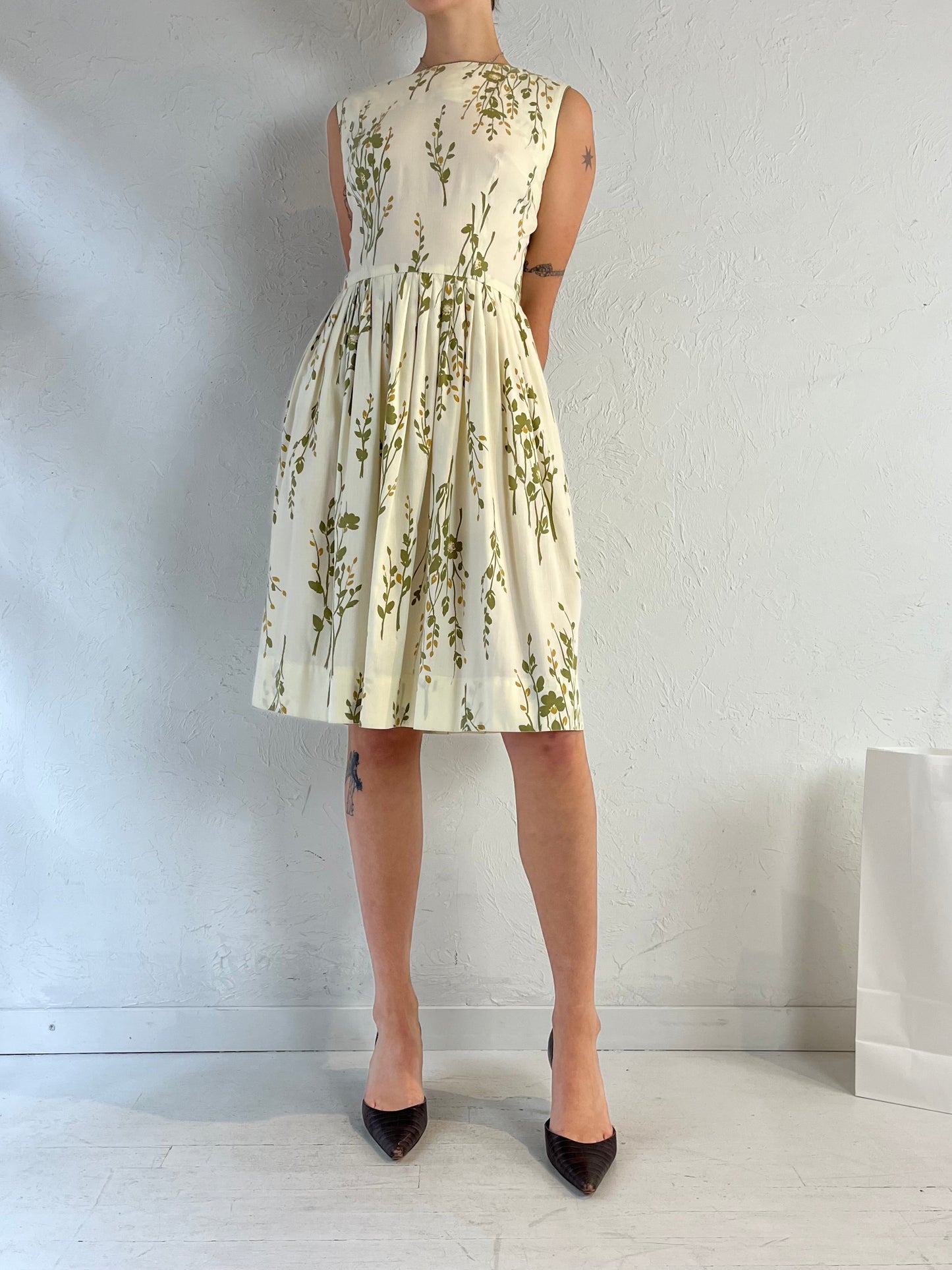 80s Cream Floral Midi Dress / Small