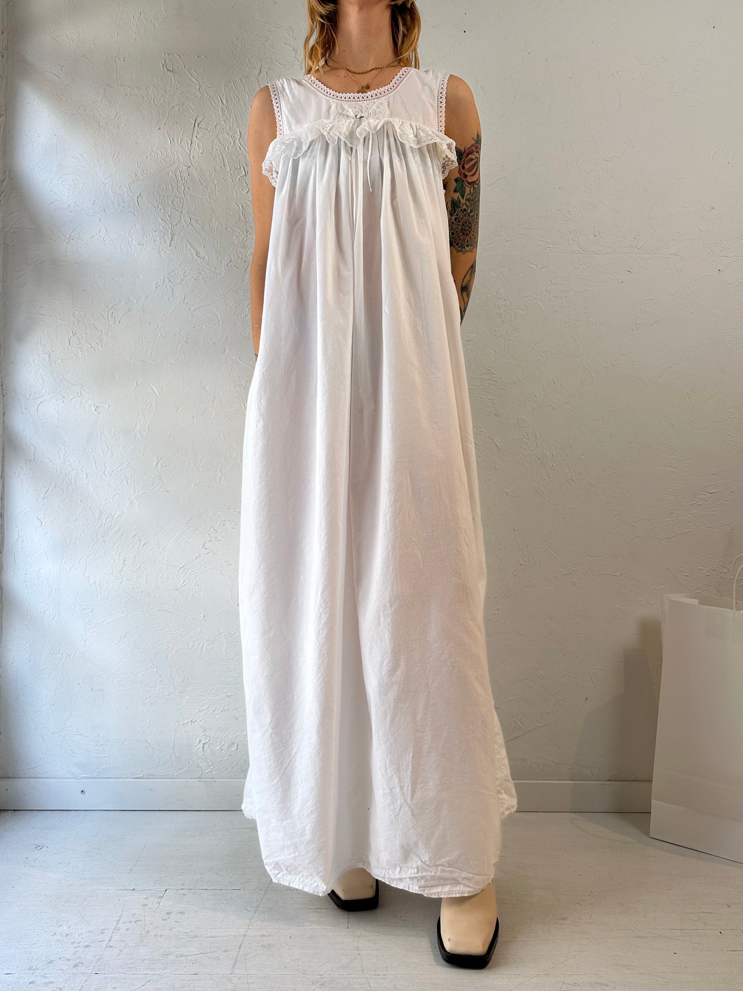 Vintage White Cotton Sleeveless Maxi Dress / Large