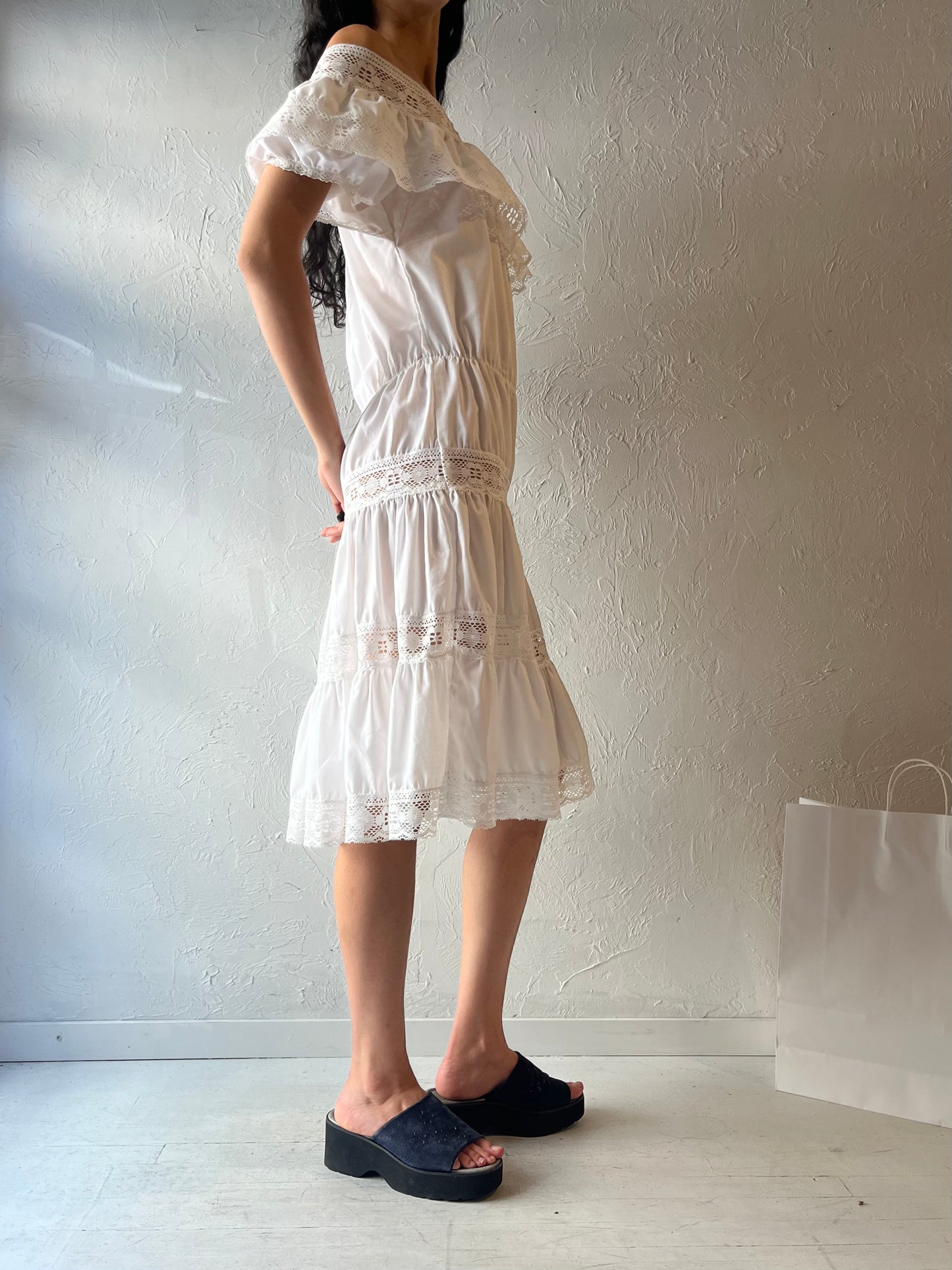 80s 'Telamex' White Tiered Prairie Dress / Small