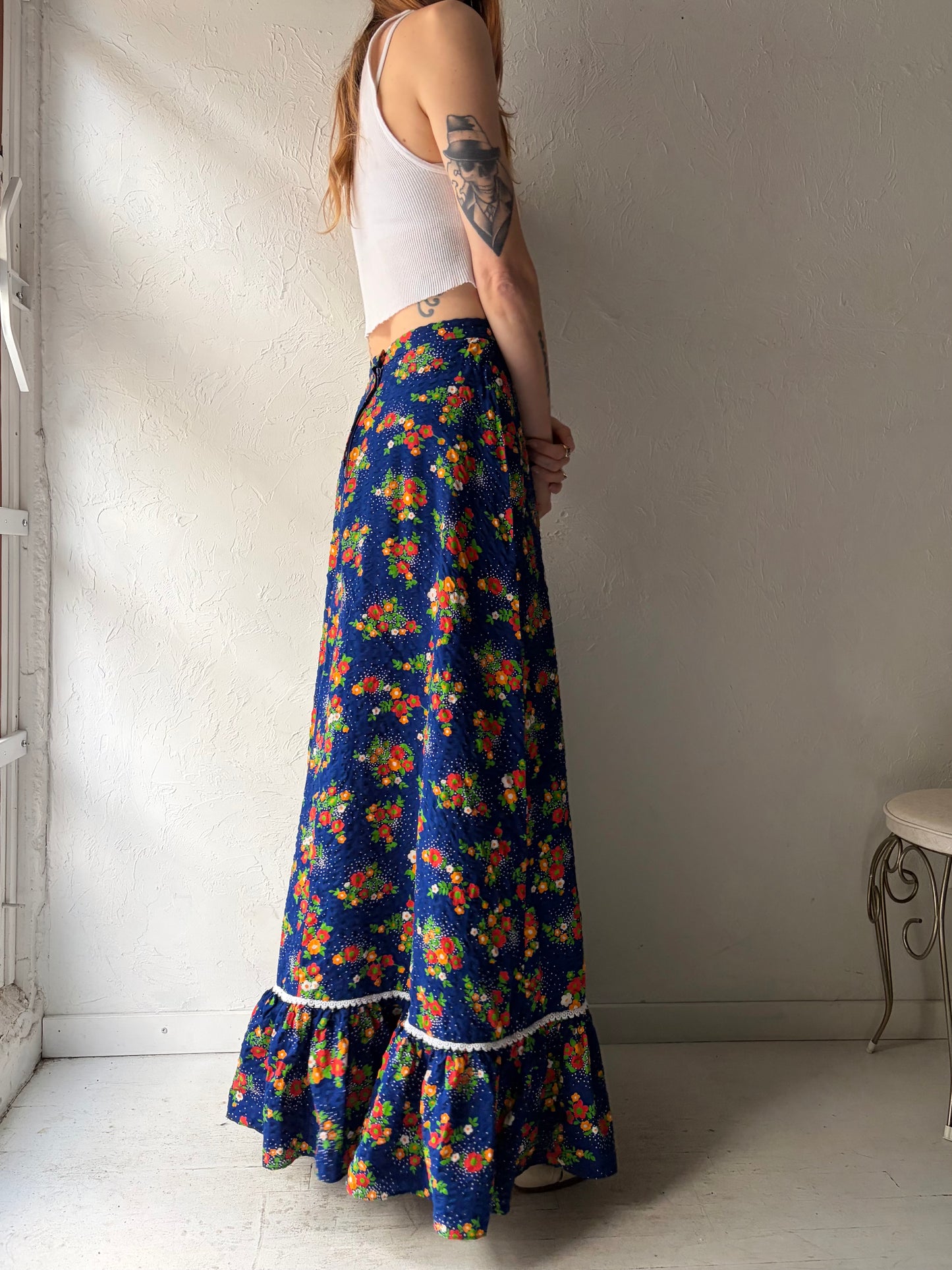 70s Floral Maxi Skirt / Small
