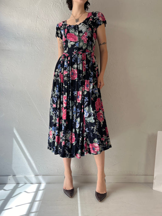 90s 'Europa' Floral Print Rayon Dress / Small