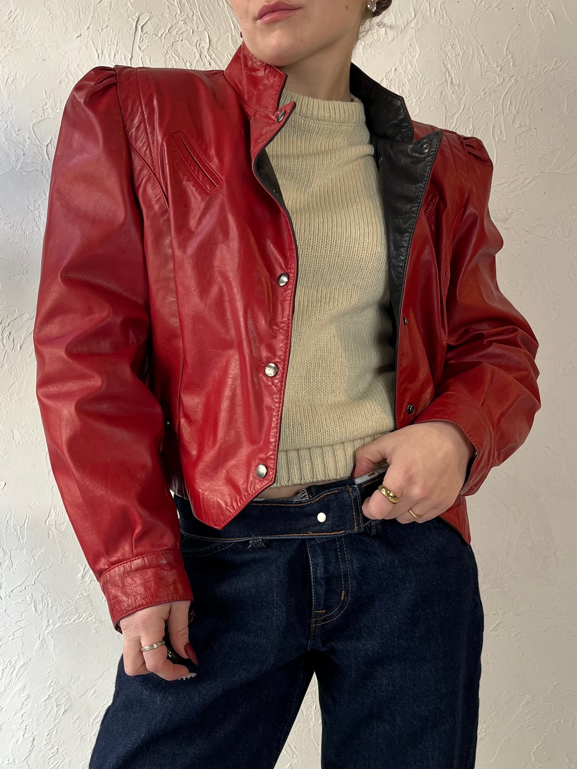 80s ‘Ada’ Cropped Red Leather Jacket / Small