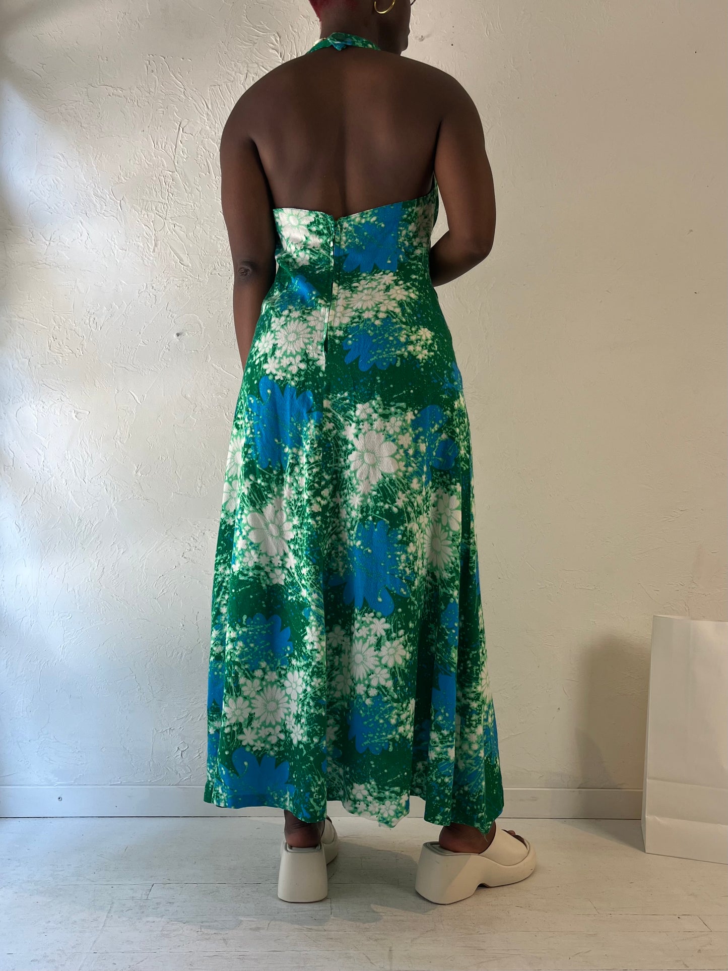 Vintage Handmade Green Patterned Halter Dress / Medium