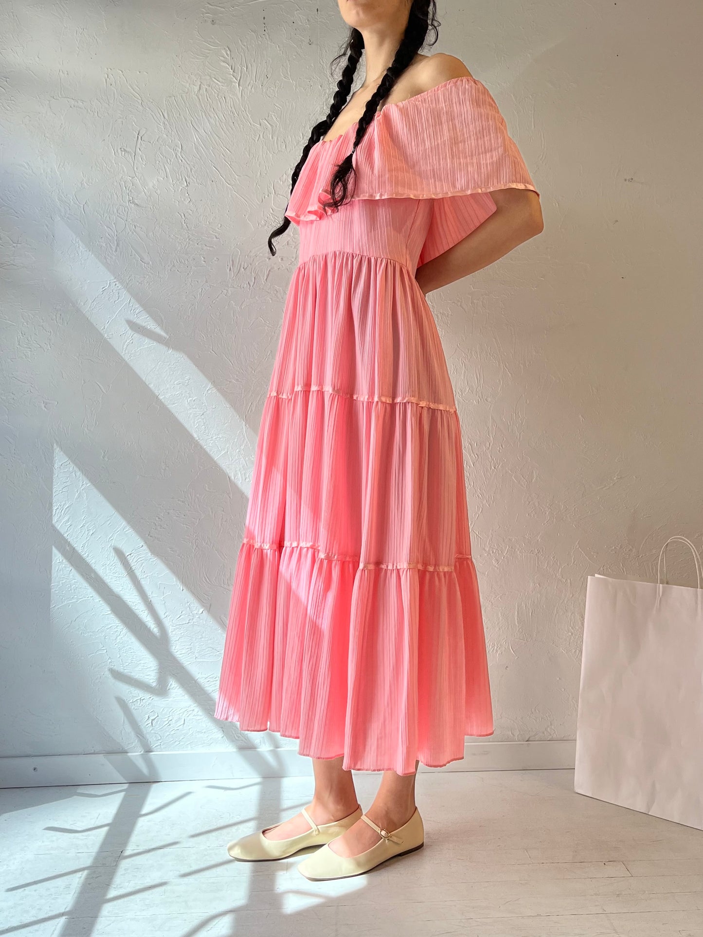 70s Handmade Pink Tiered Dress / Medium
