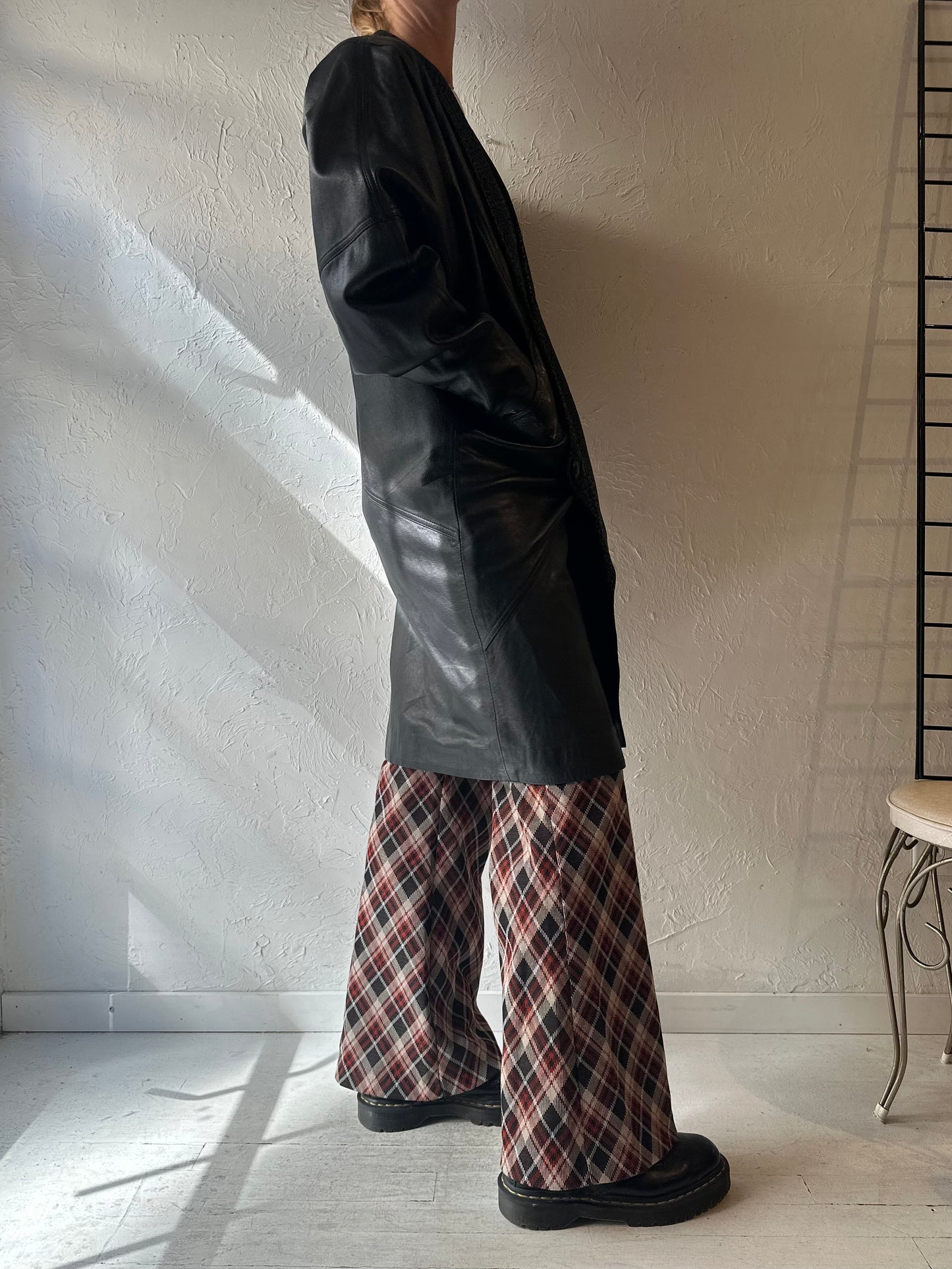 80s Black Leather Coat / Medium