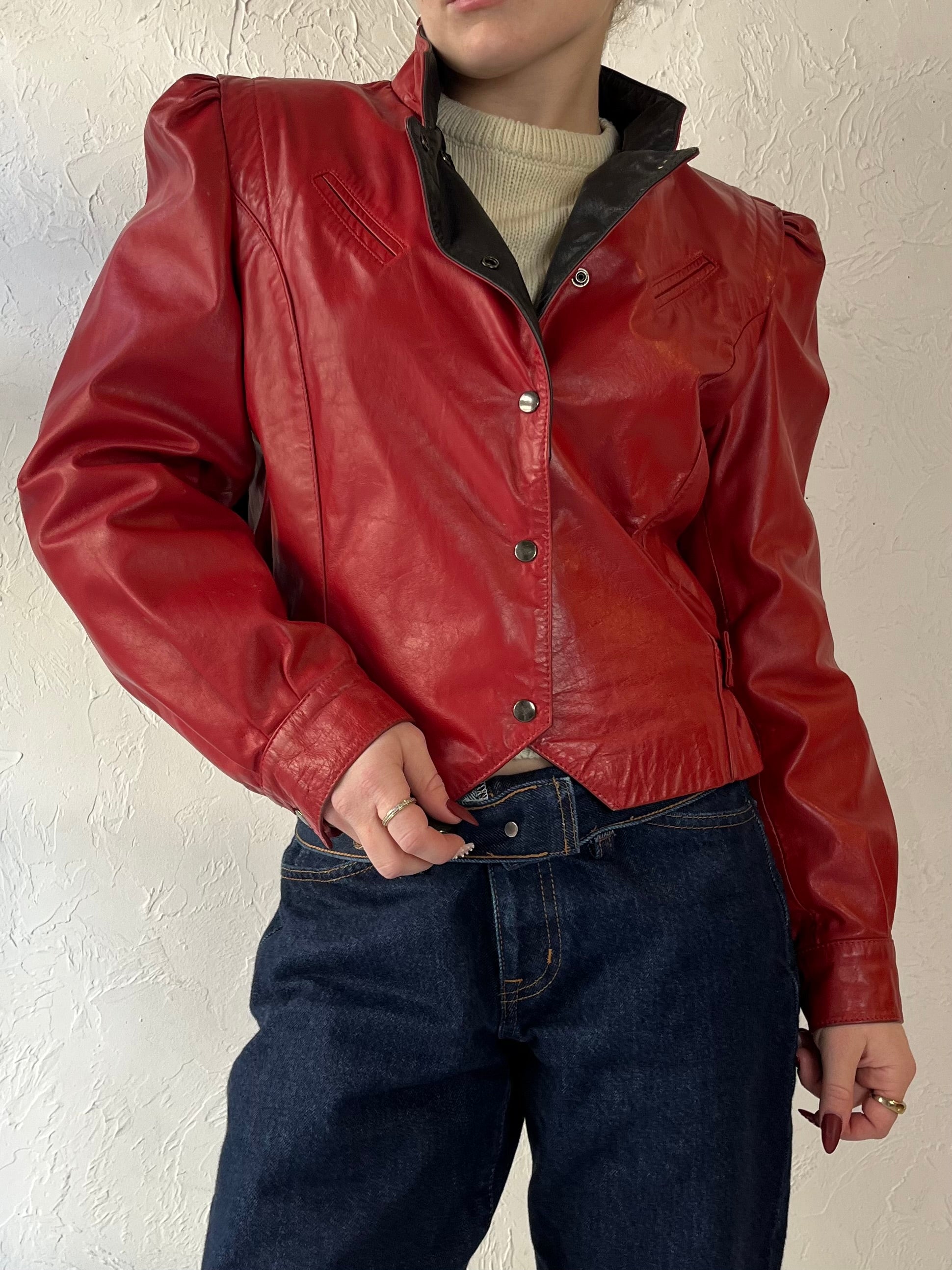 80s ‘Ada’ Cropped Red Leather Jacket / Small
