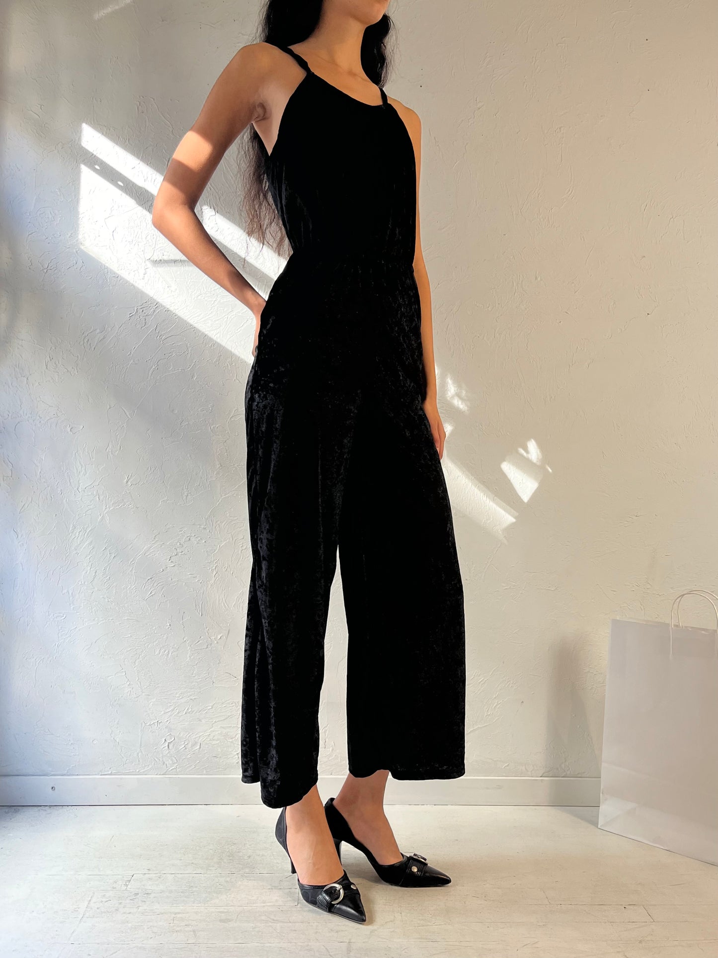 90s ‘Angie’ Black Crushed Velvet Jumpsuit / Small
