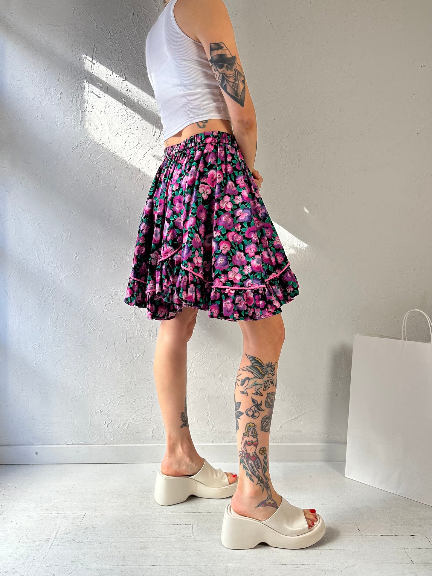90s Handmade Purple Floral Mini Skirt / Medium
