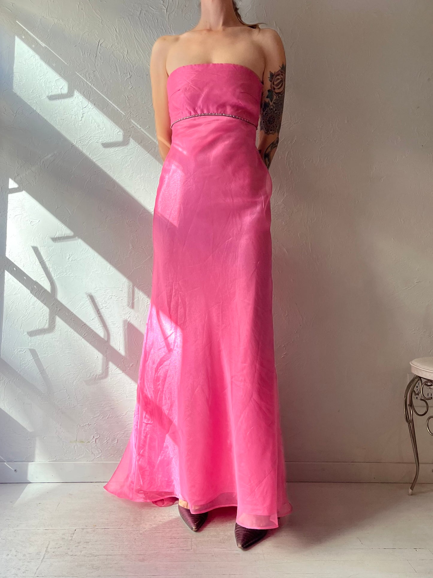 90s 'Venessa Stevens' Formal Pink Strapless Maxi Dress / Small