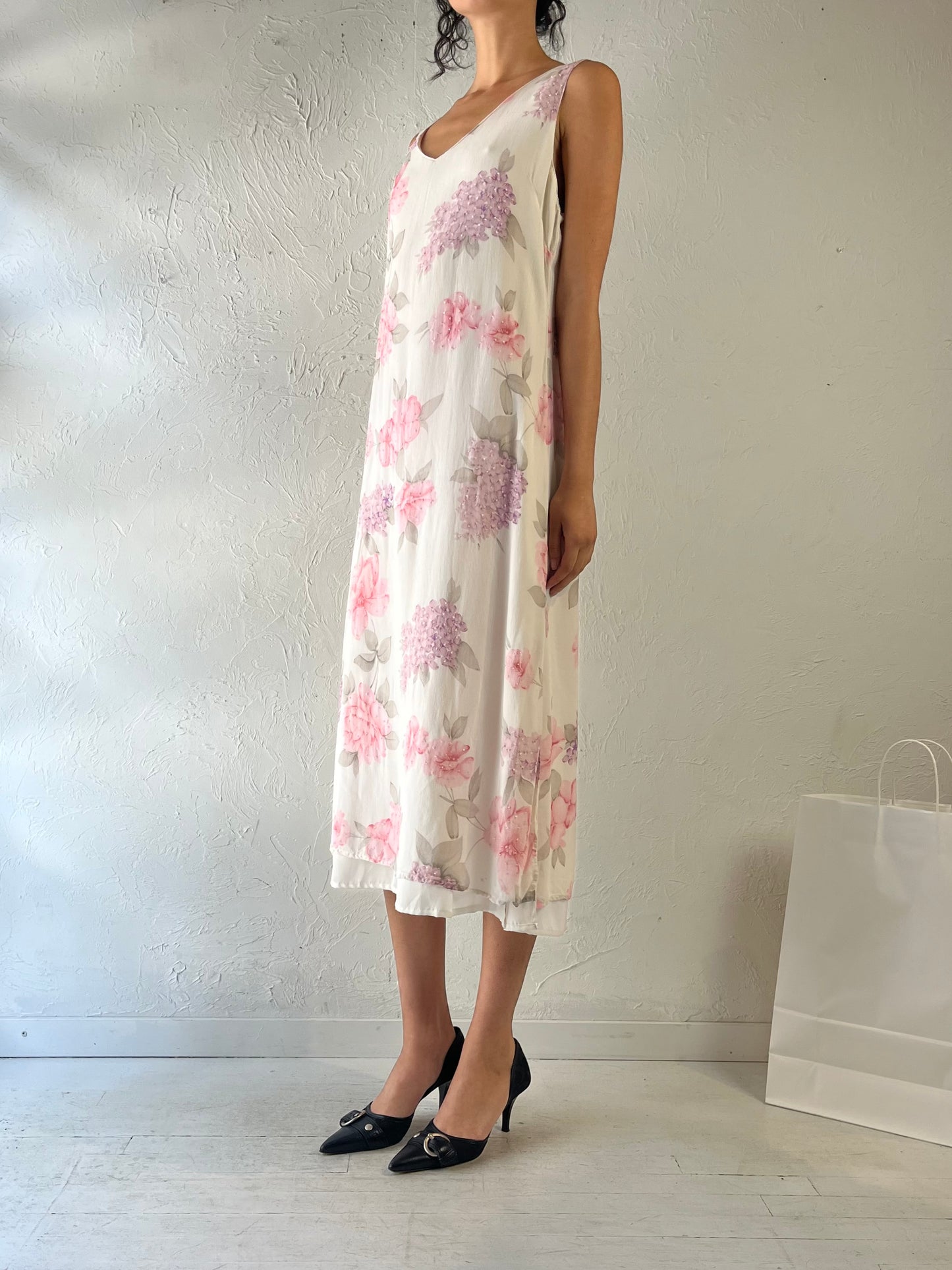 90s ‘Midnight Velvet’ White Floral Maxi Dress / Large