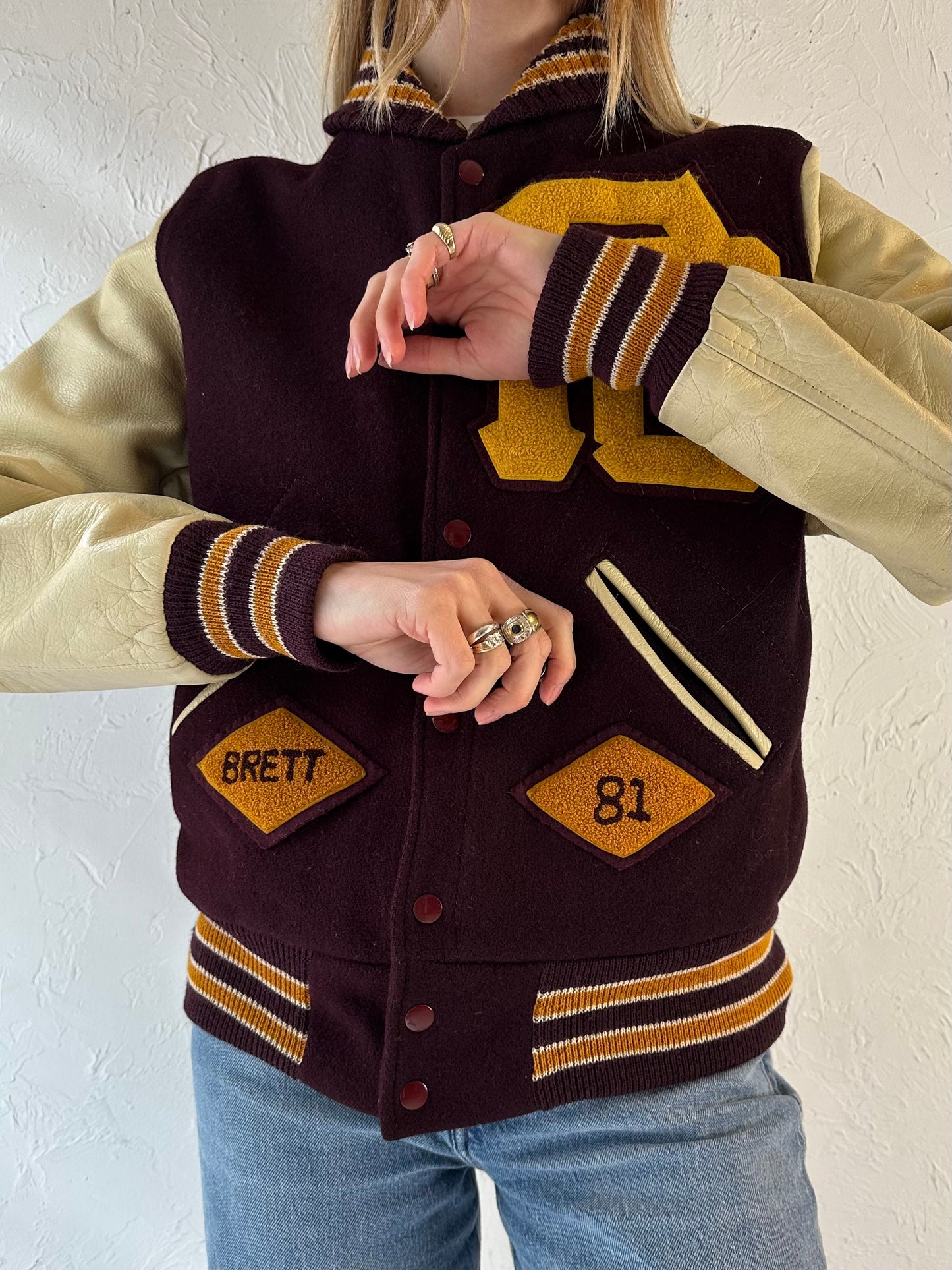 80s Leather Wool Varsity Jacket / Small