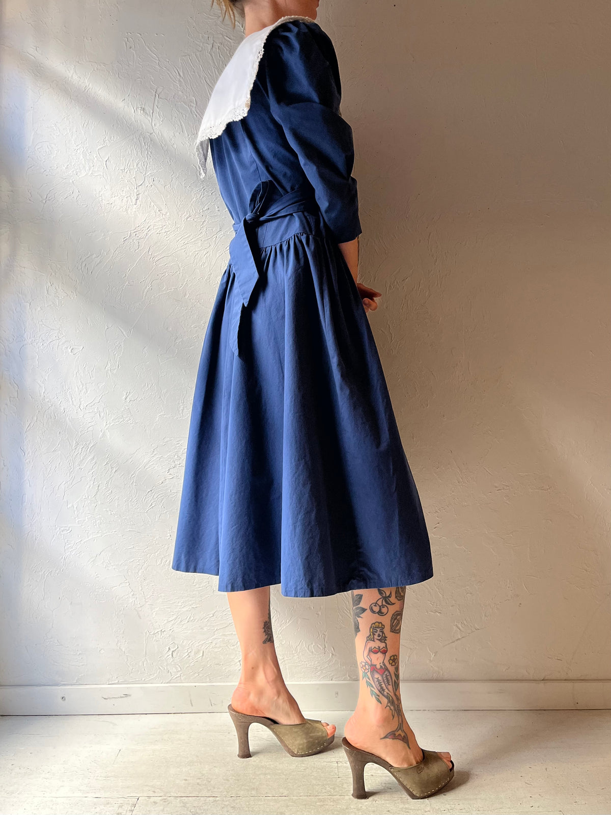 Vintage Handmade Blue Prairie Cottagecore Drop Waist Midi Dress / Small