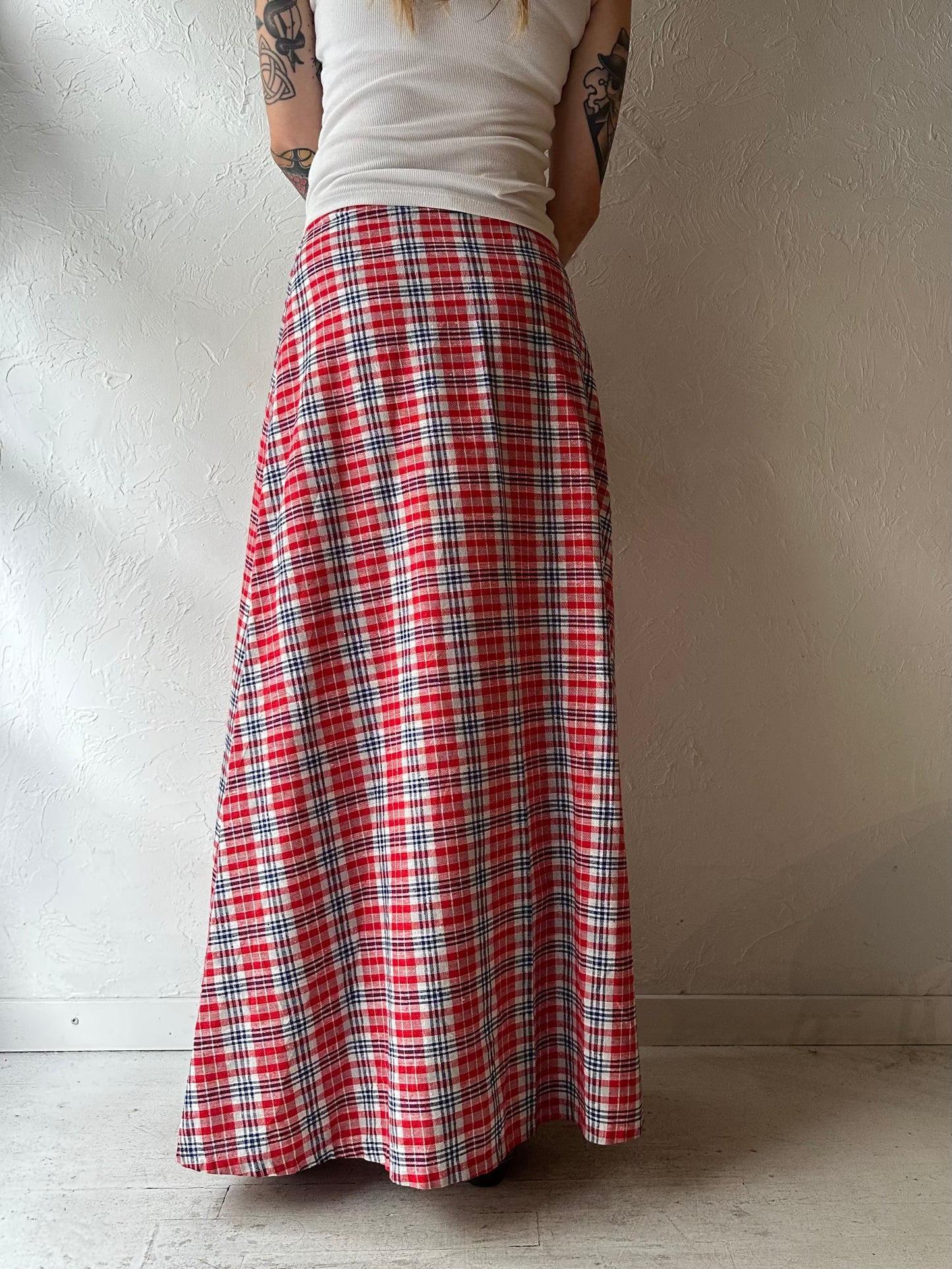 70s 'Rosecrest' Red Plaid Maxi Skirt / Small