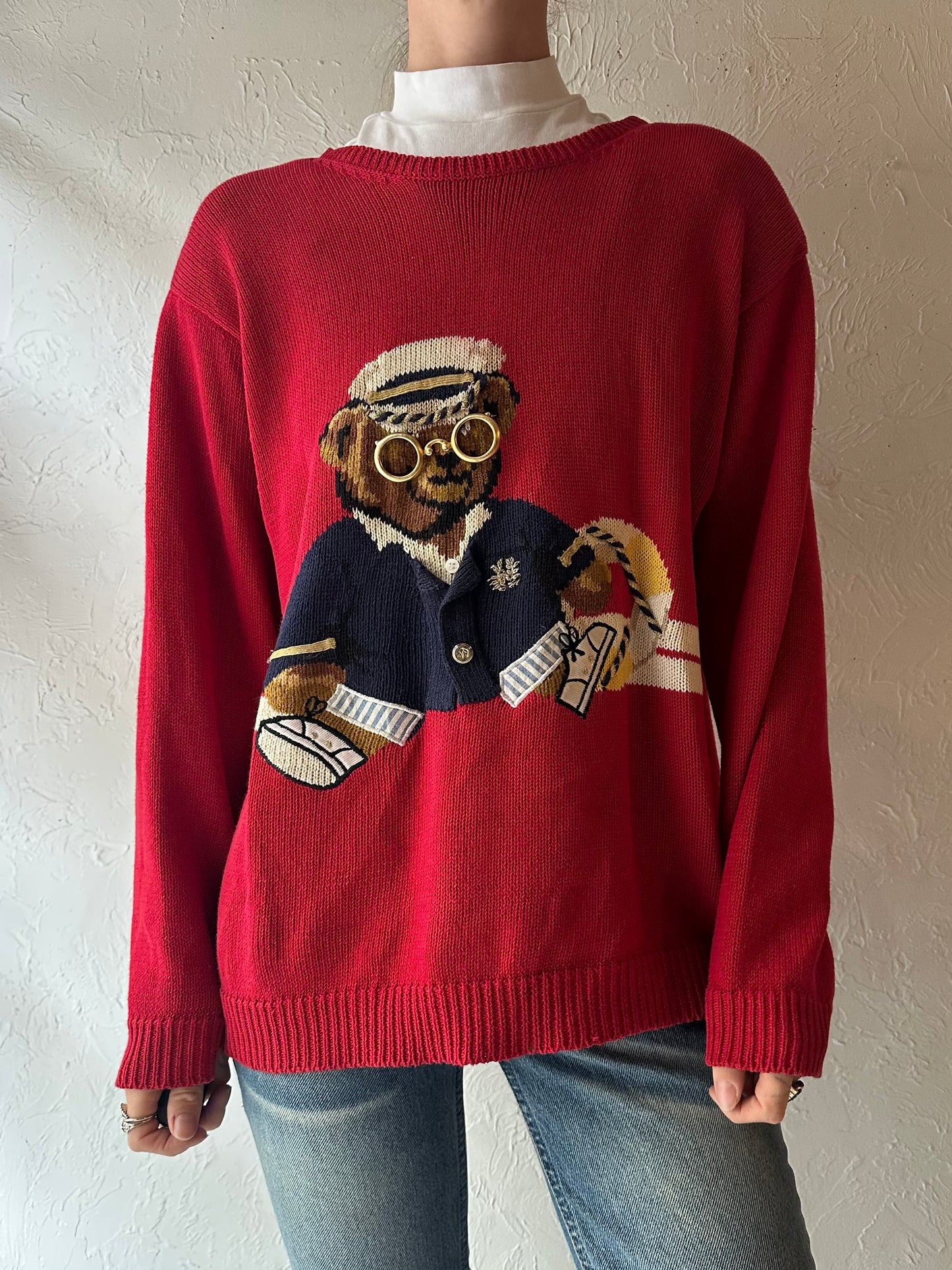 90s 'Susan Bristol' Red Teddy Bear Knit Sweater / Medium