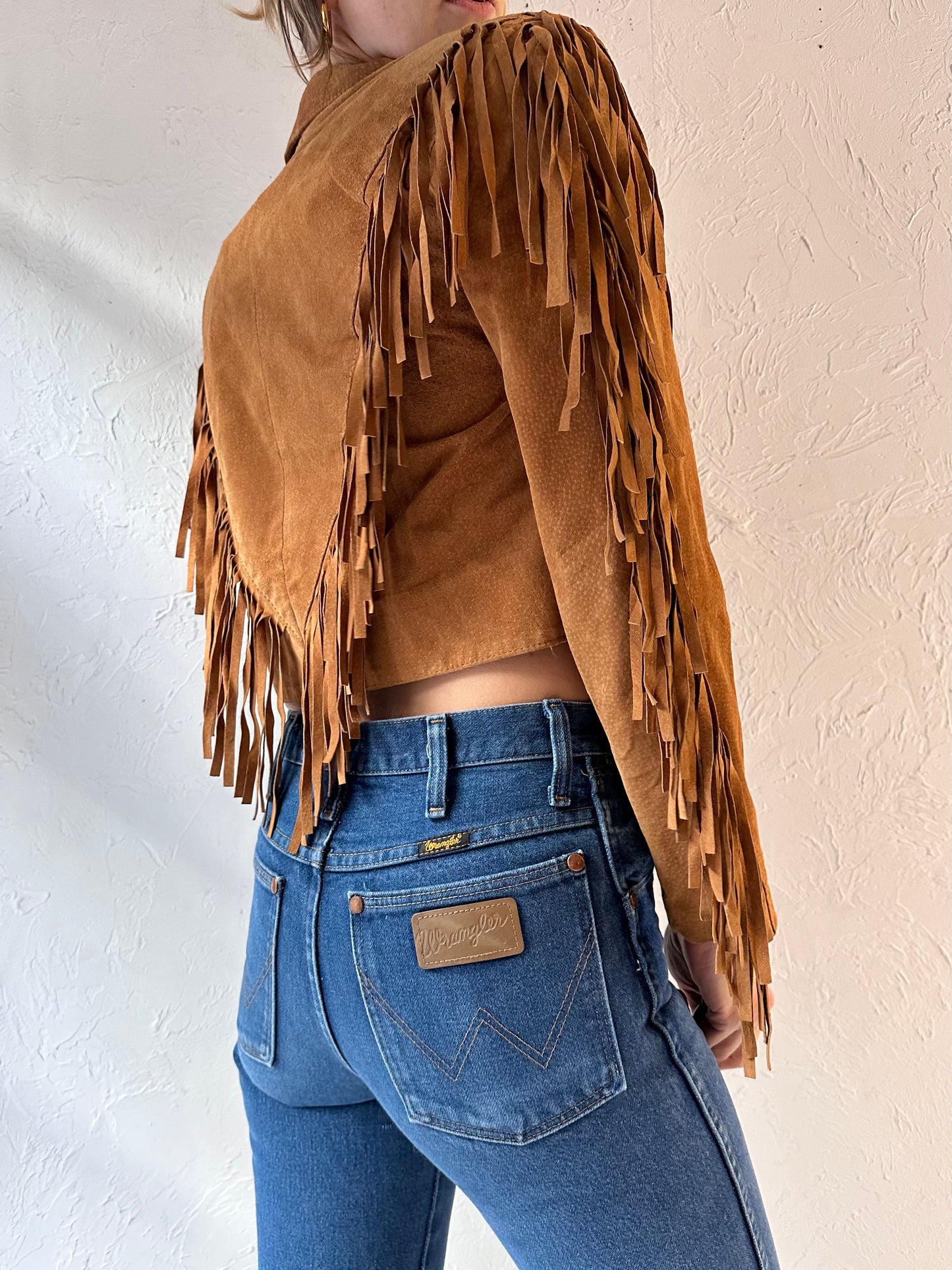 80s 'Zebra' Brown Suede Leather Fringe Jacket / Small