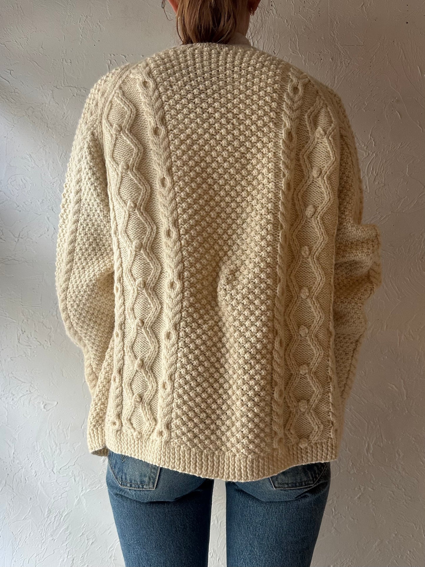Vintage Cream Handmade Knit Cardigan Sweater / Small