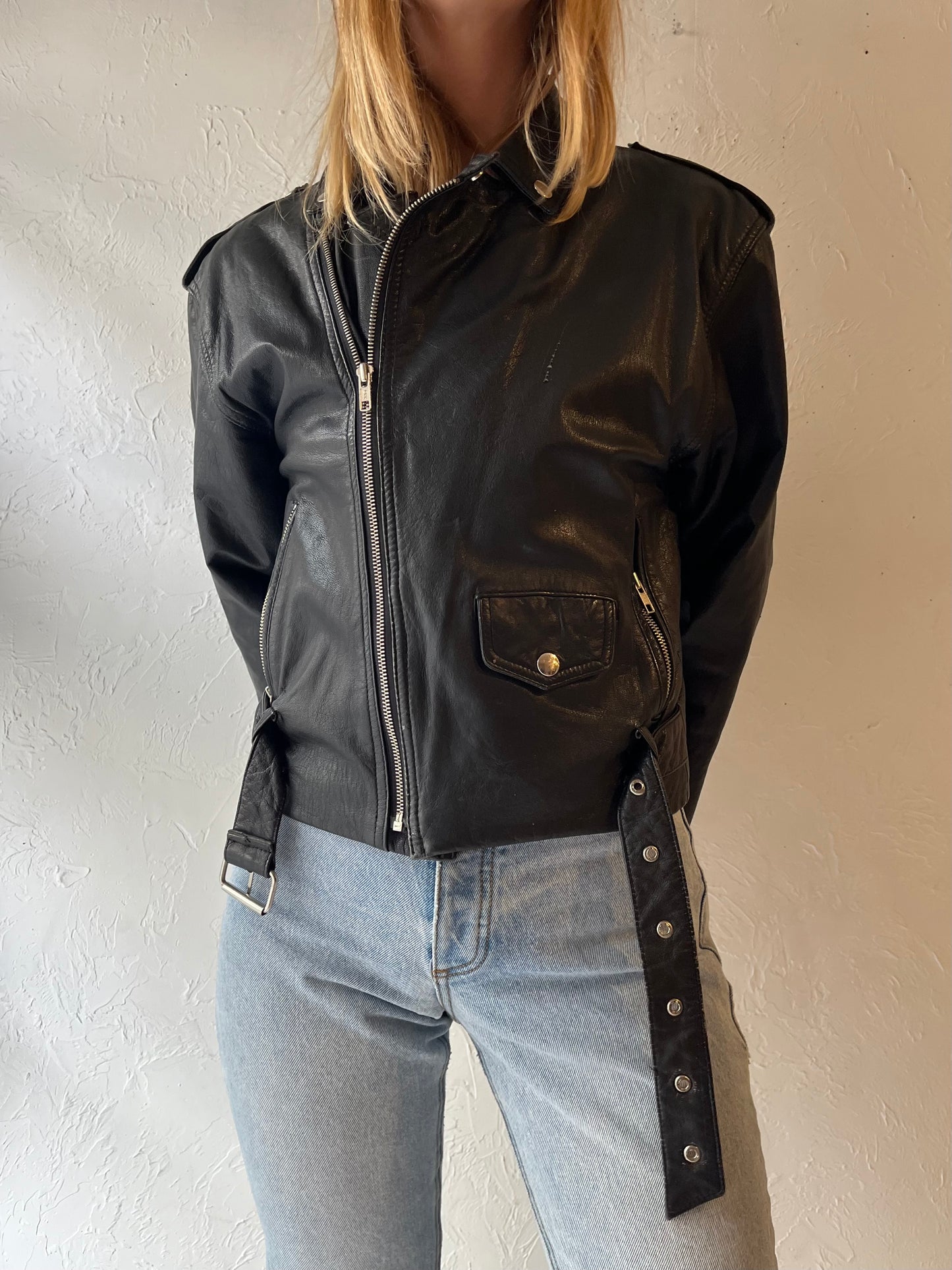 90s Black Leather Moto Style Jacket / XSmall