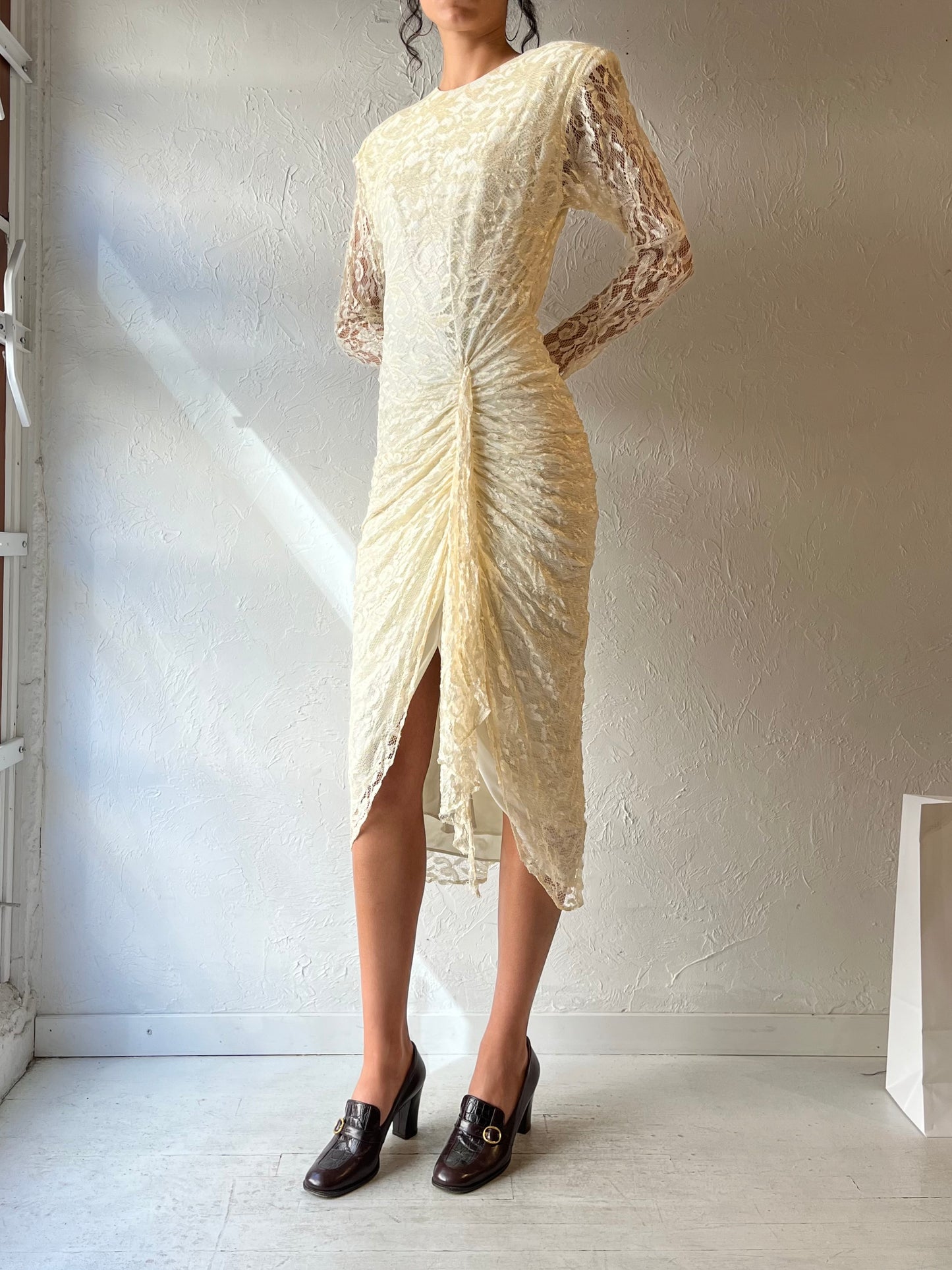 80s 'Night Moves' Cream Lace Formal Dress / Small