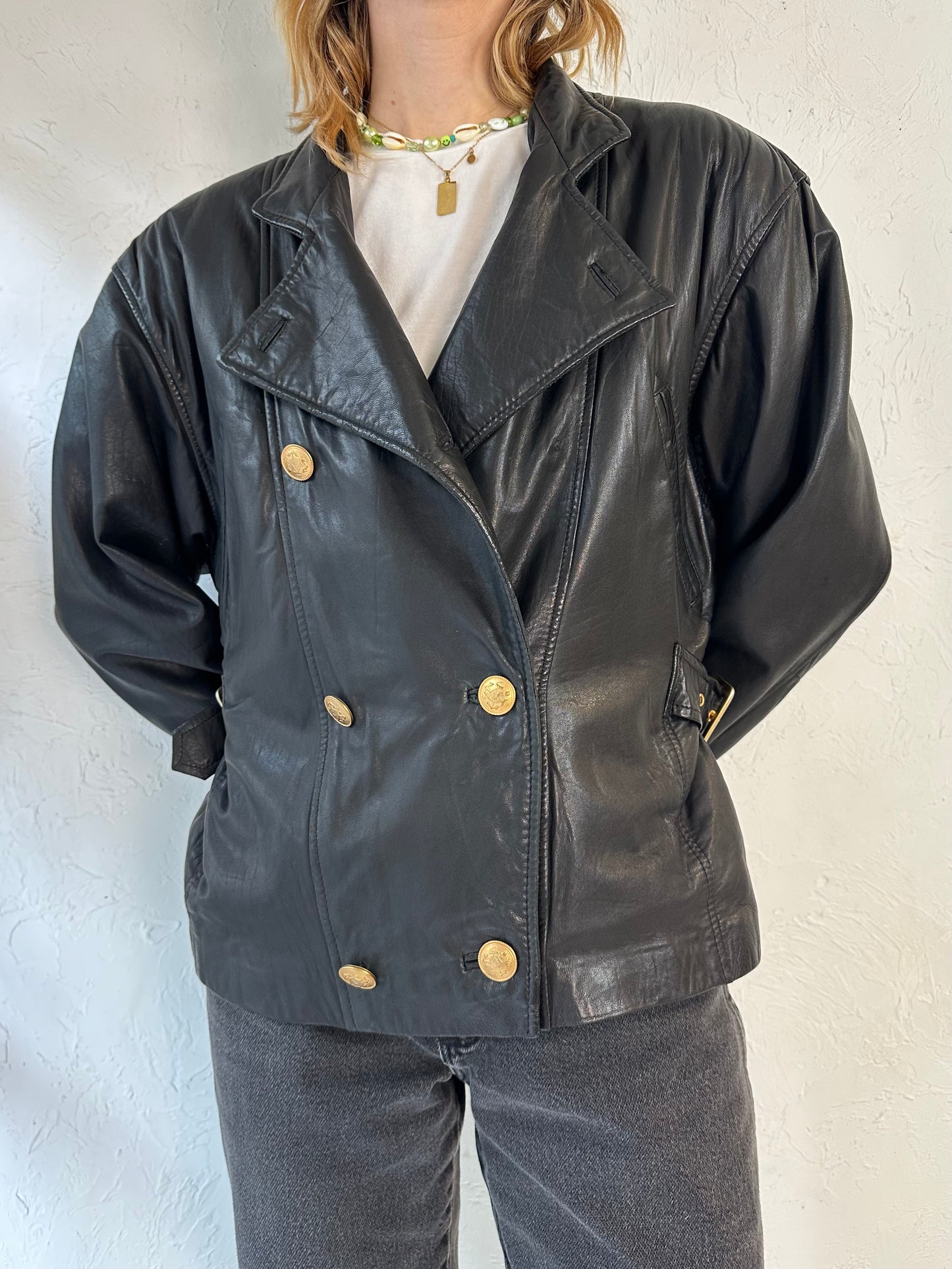 90s 'Danier' Black Leather Moto Style Jacket / Medium