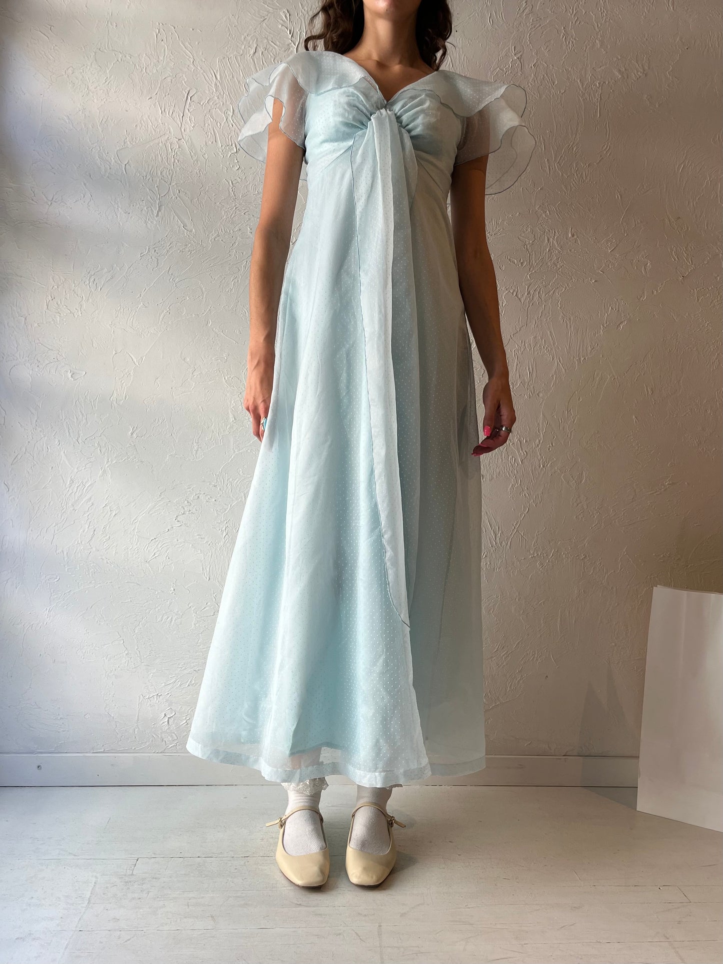 70s 'Pussy Cat' Baby Blue Maxi Dress / Small