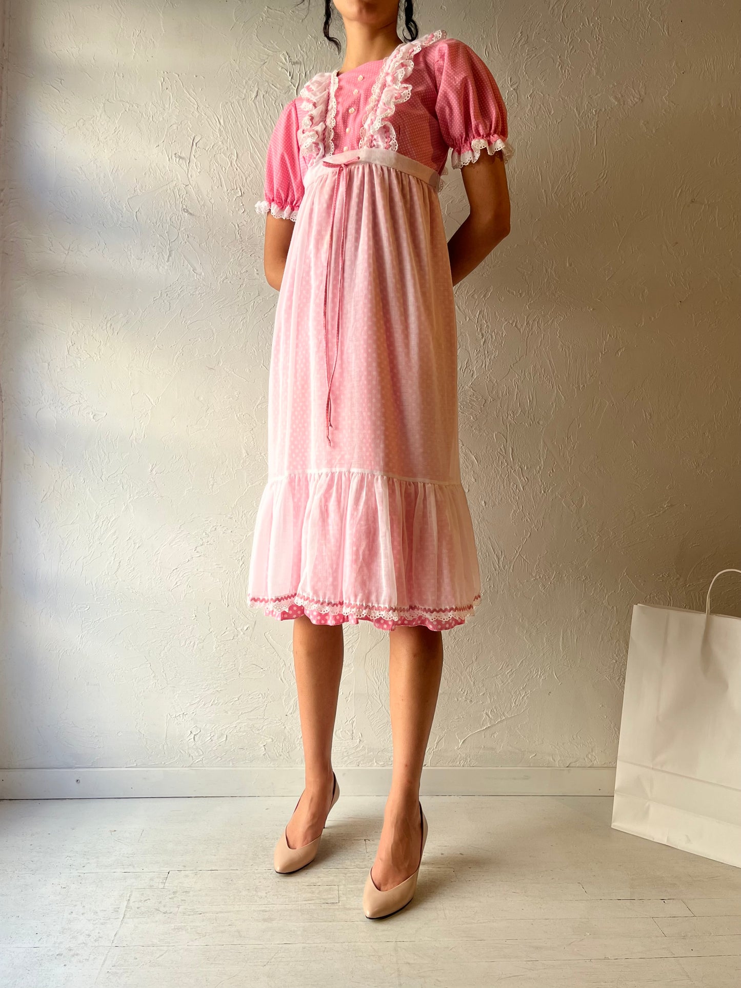 70s ‘Genway’ Pink Puff Sleeve Dress / Small