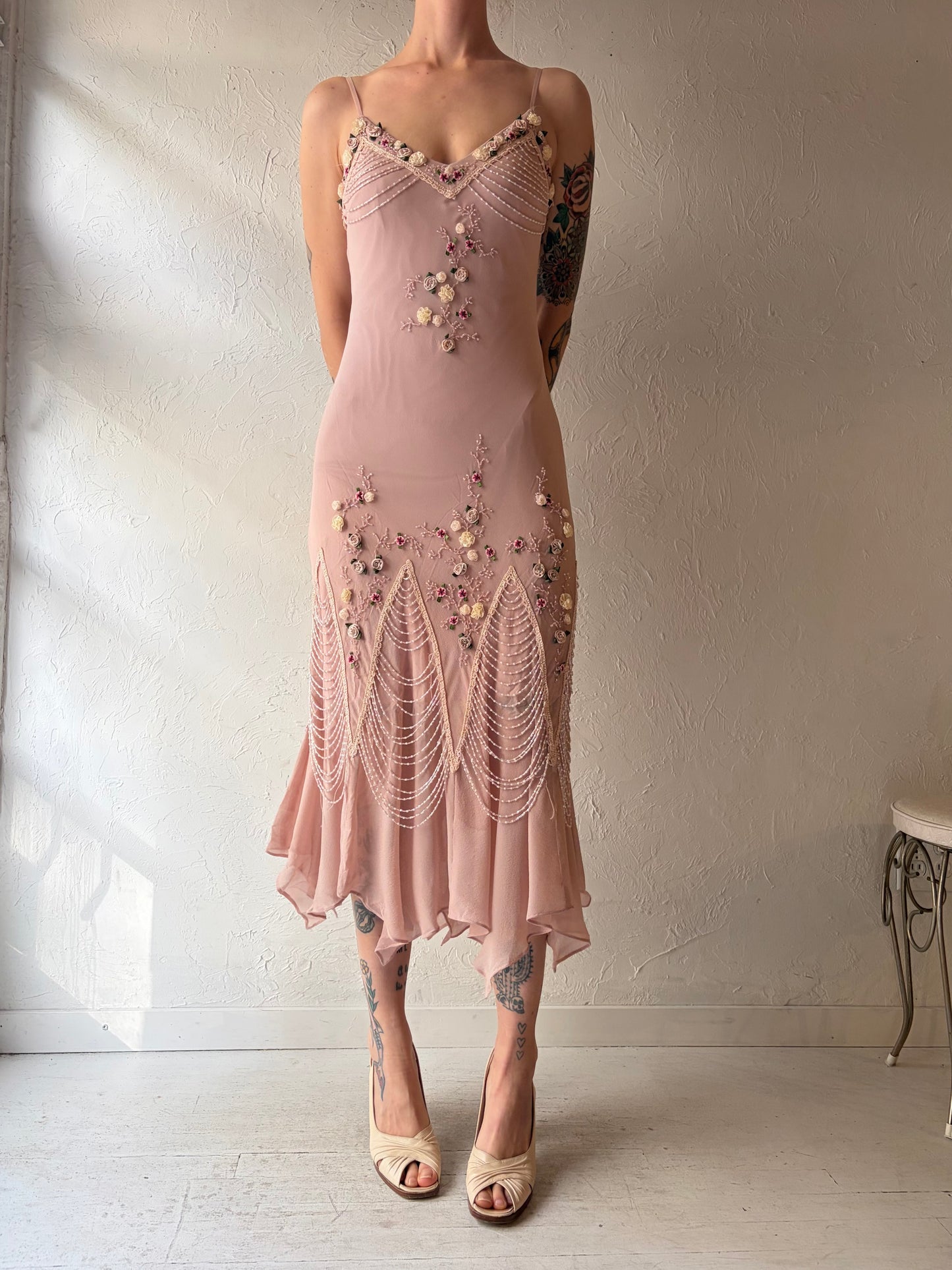 Y2k 'Zokai' Pink Beaded Formal Midi Dress / Small / Medium