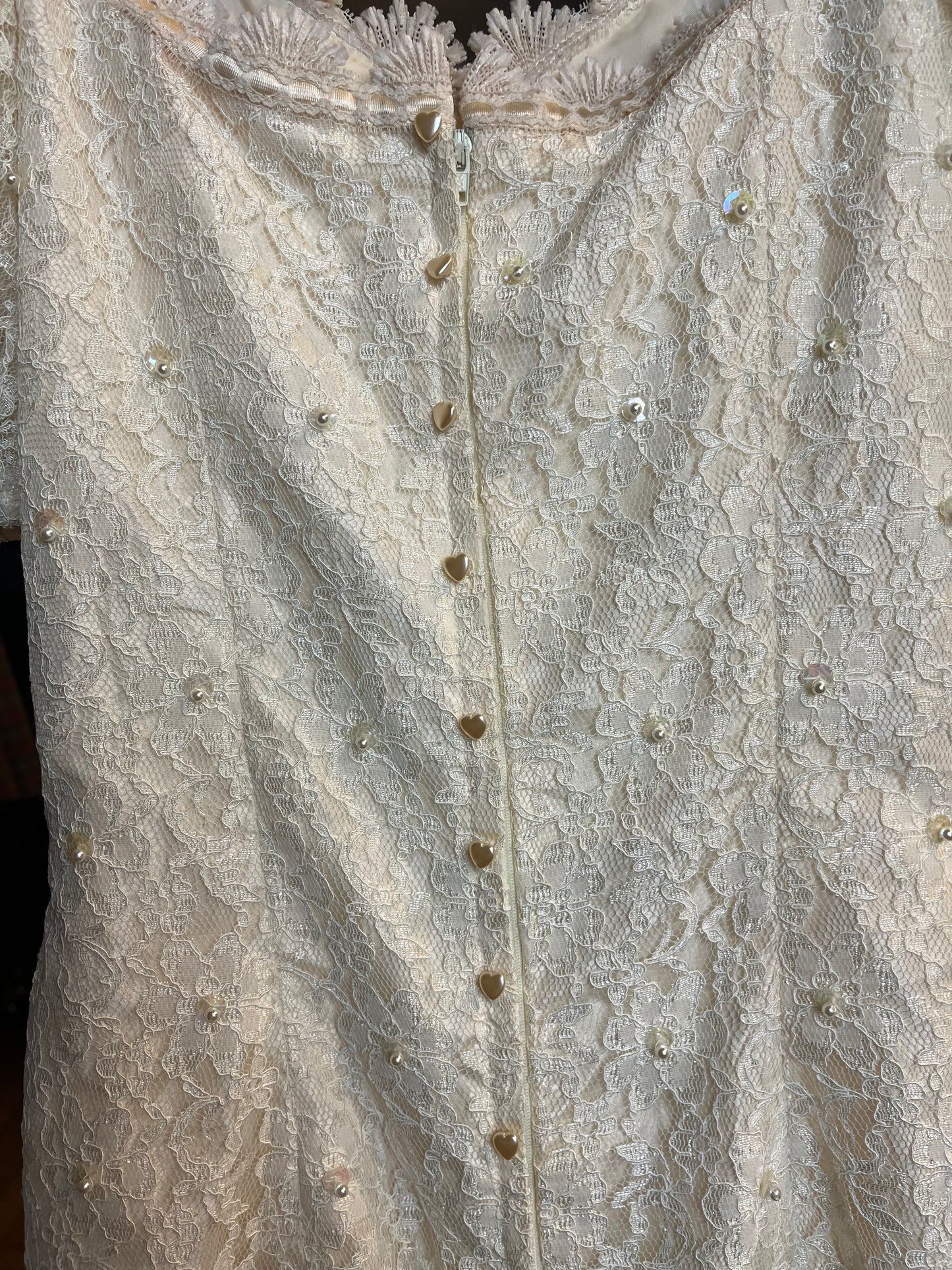 80s Handmade Cream Lace Wedding Dress / Small