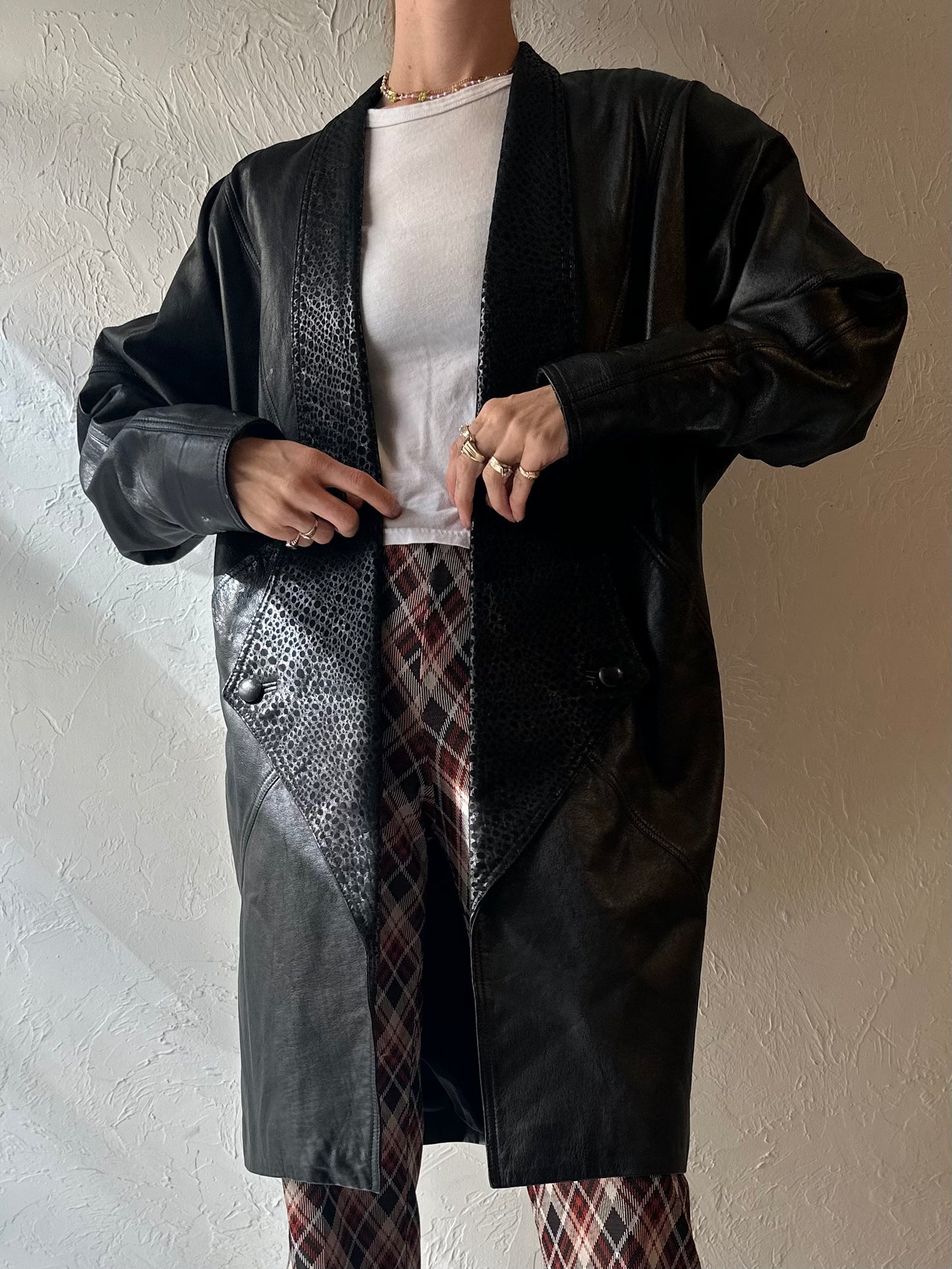80s Black Leather Coat / Medium