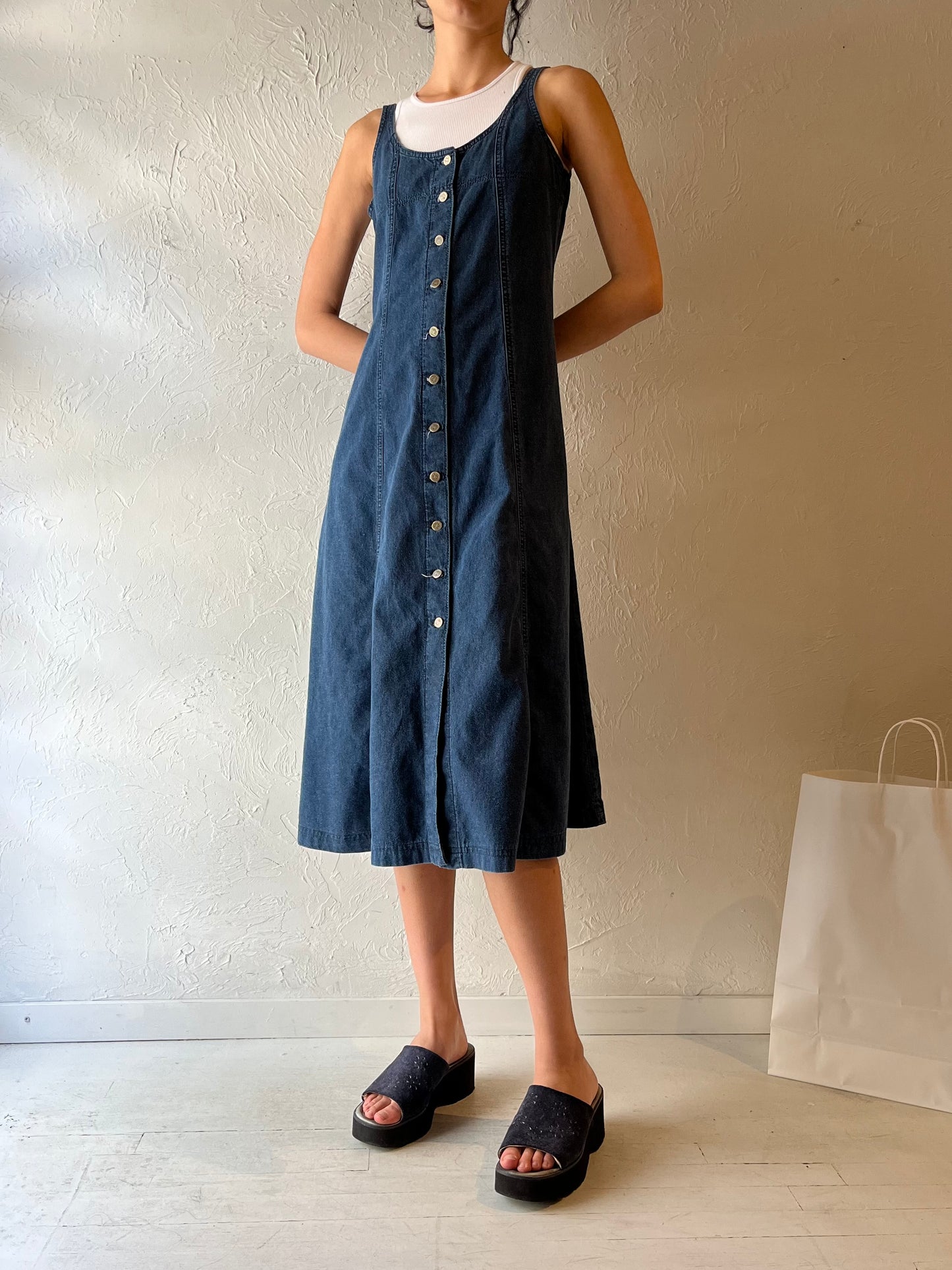 90s ‘Peace by Piece’ Button Up Denim Dress / Medium