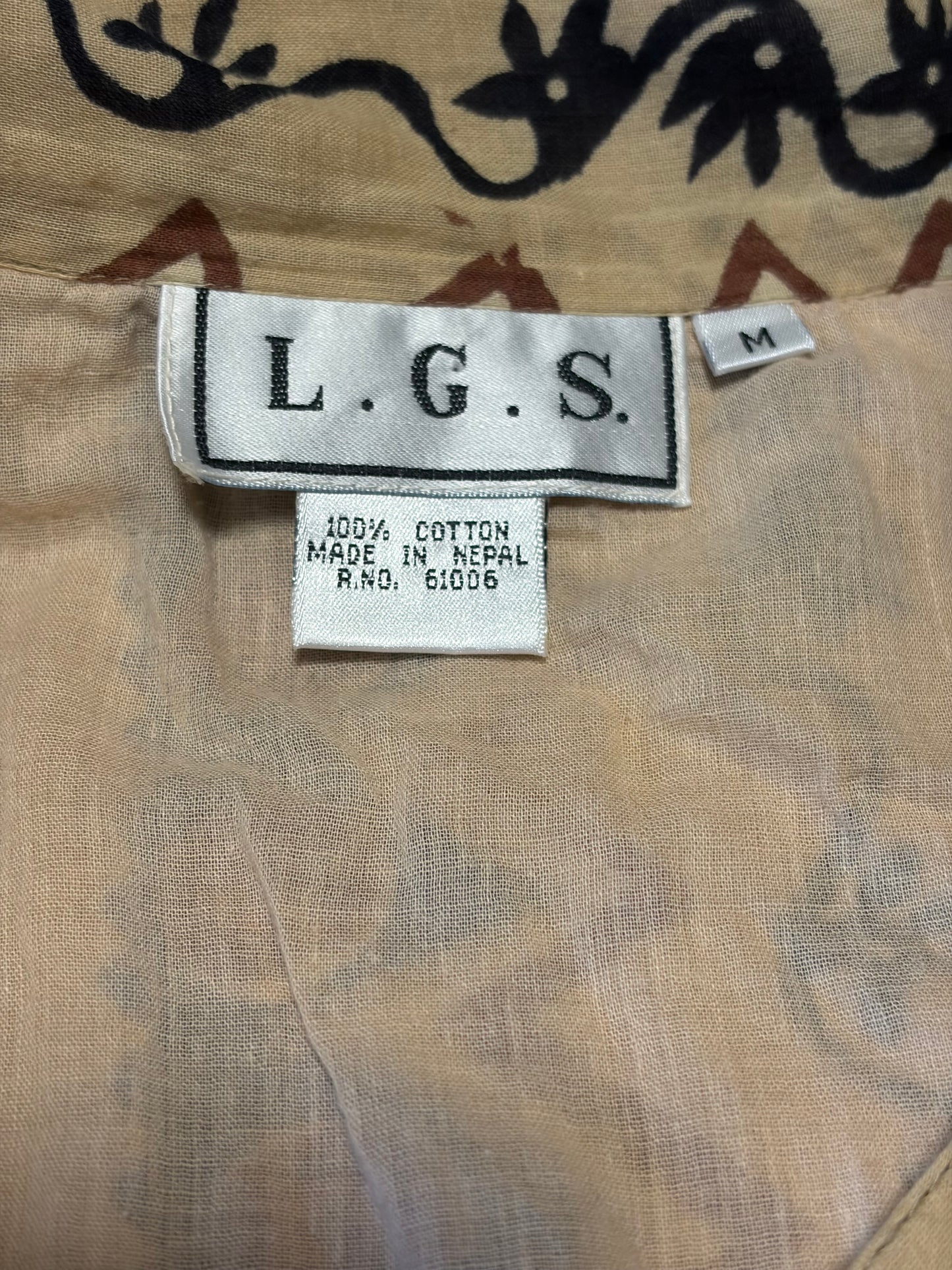 90s 'LGS' Brown Patterned Collared Cotton Spring Dress / Medium