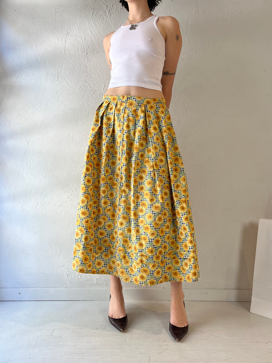 Vintage Handmade Pleated Sunflower Midi Skirt / Medium