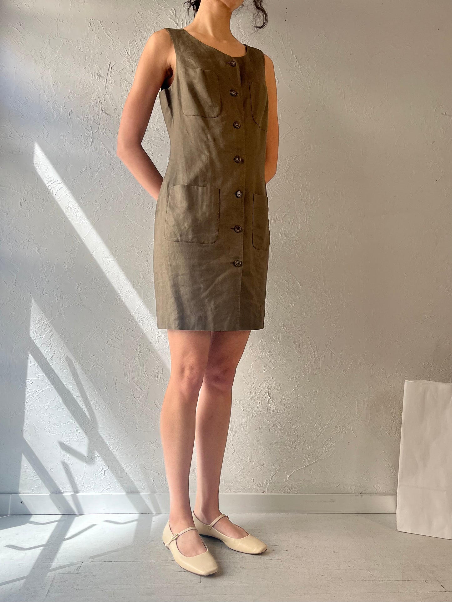 90s ‘Episode’ Green Button Up Linen Dress / Large